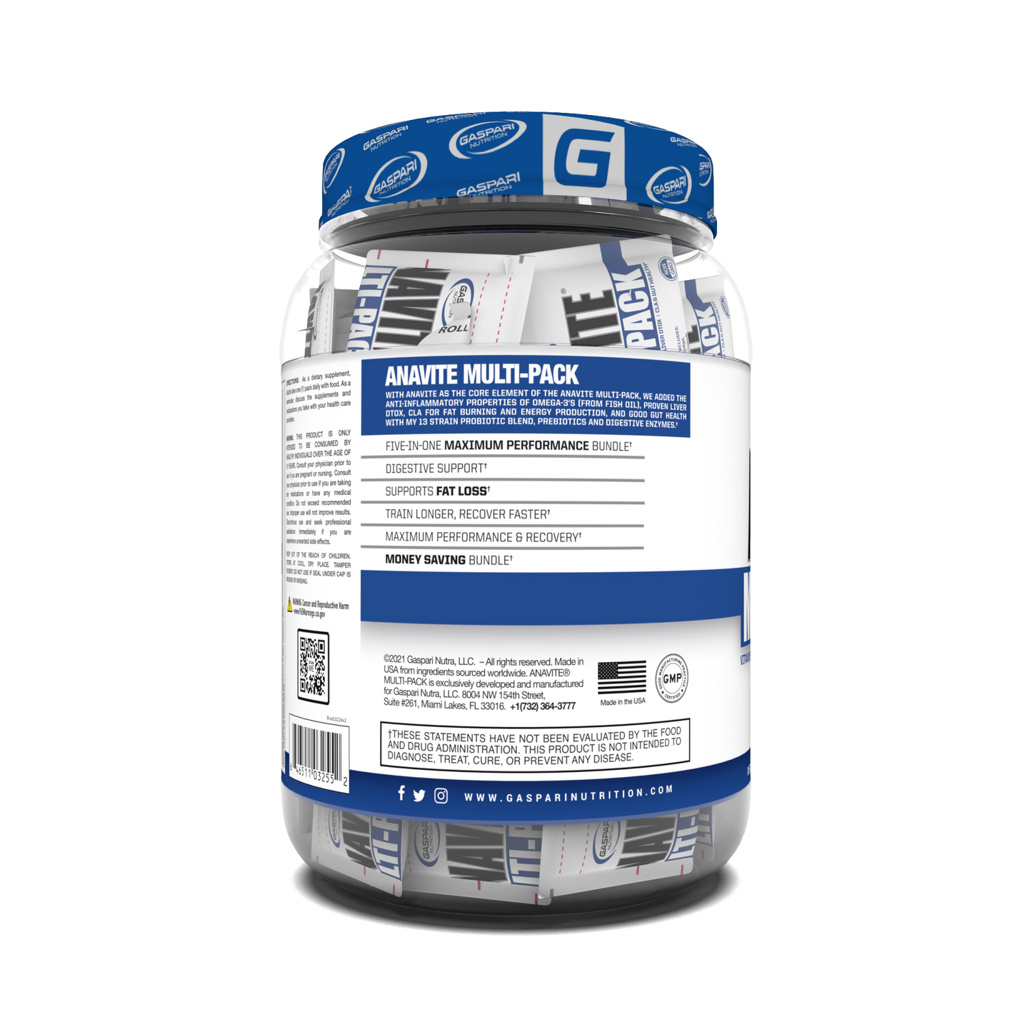 Side view of the Anavite Multi-Pack by Gaspari Nutrition, emphasizing its five-in-one benefits as a performance multivitamin for athletes.