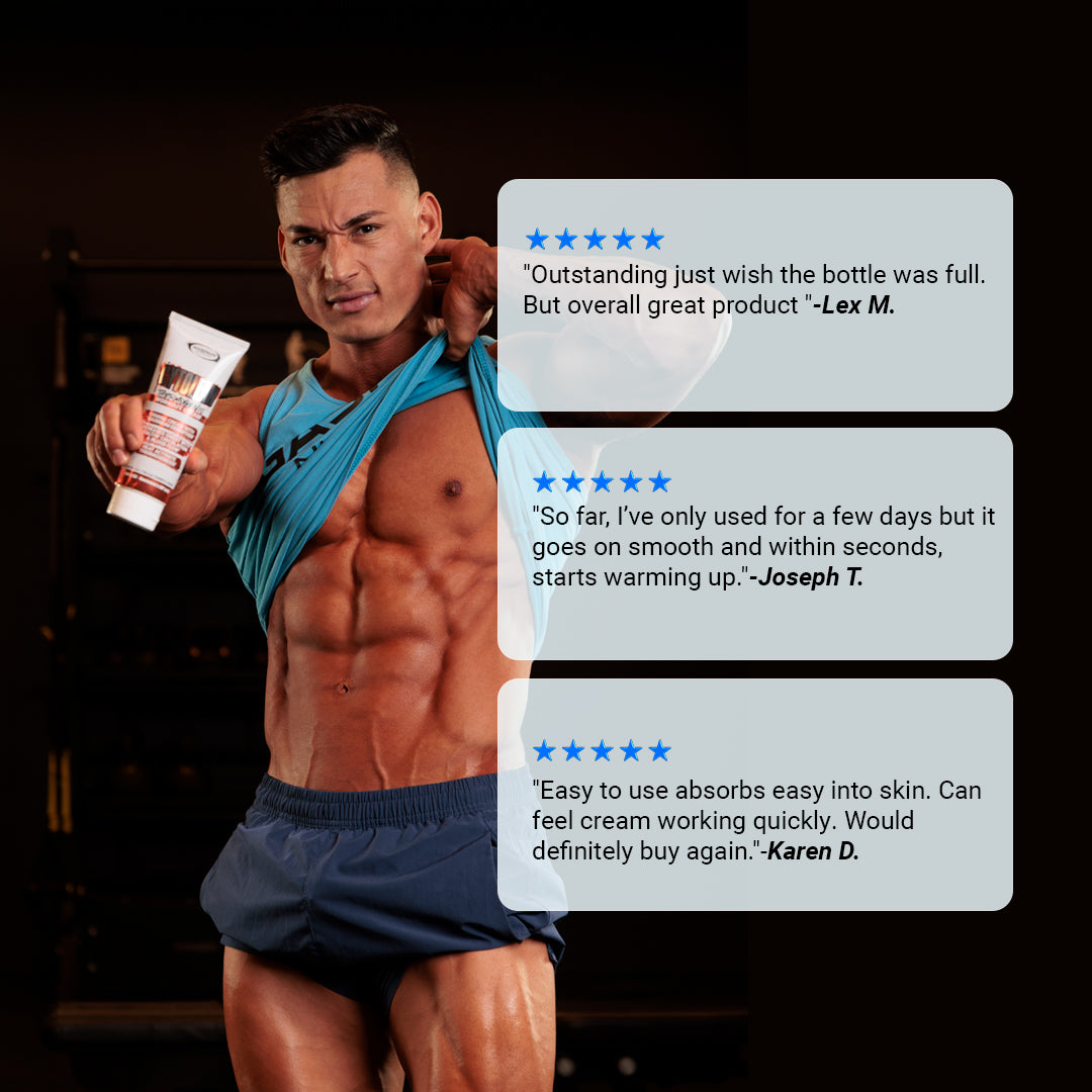 A man displaying CYTOLEAN CREAM - THERMOGENIC WORKOUT CREAM by Gaspari Nutrition with customer reviews highlighting its effectiveness and ease of use.