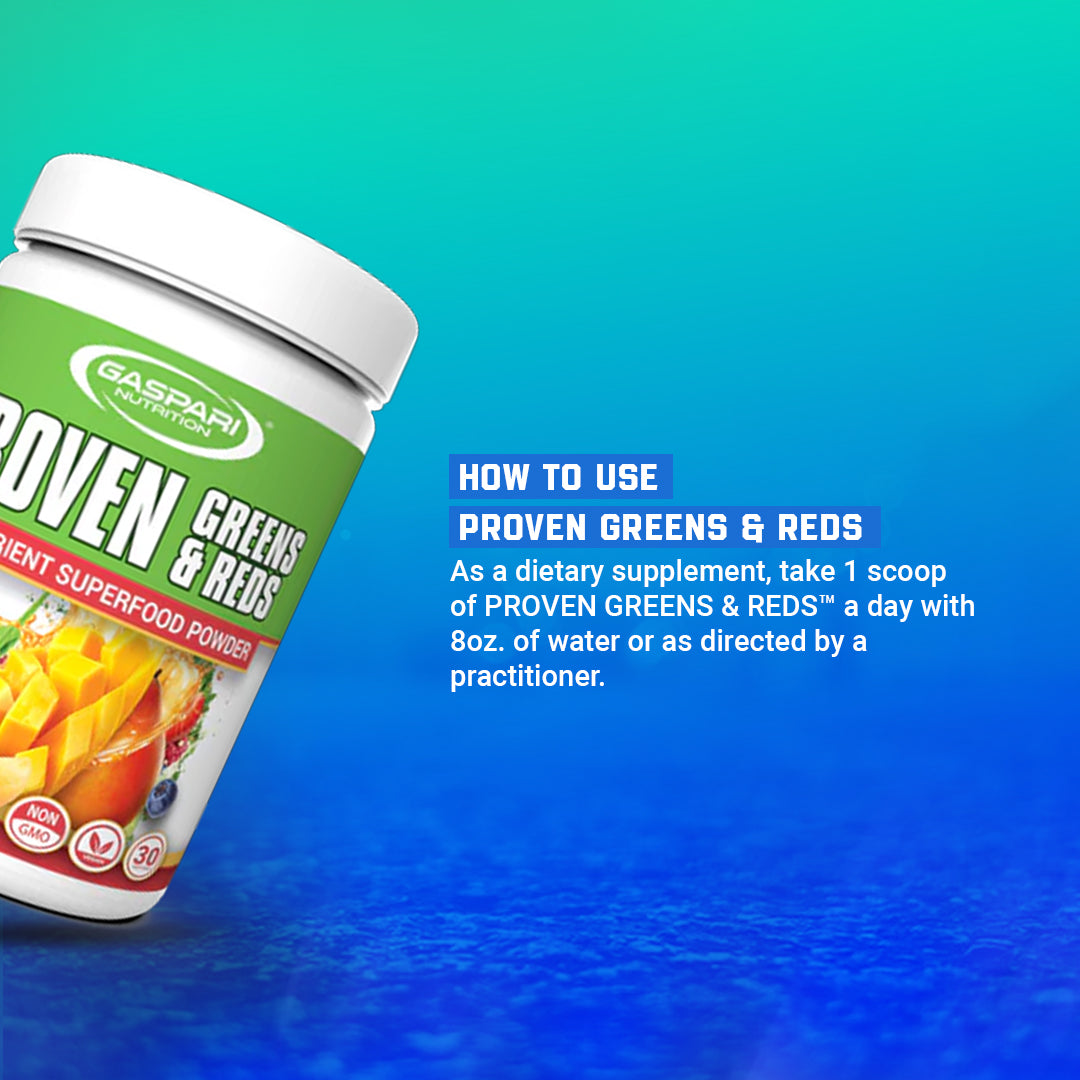 Instructions for using Gaspari Nutrition Proven Greens & Reds, a nutrient-dense superfood powder that aids digestion and boosts energy.