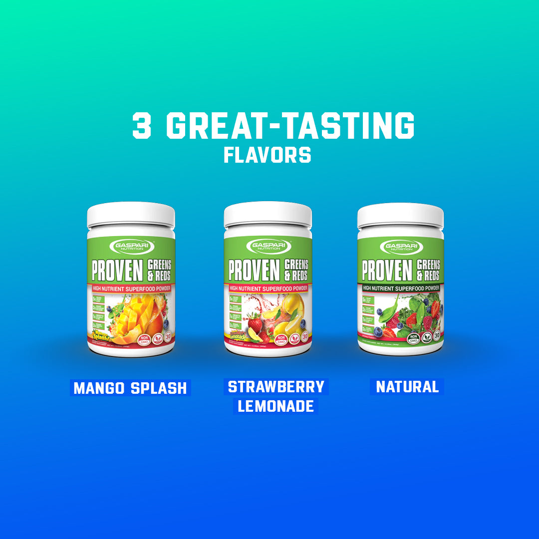 Three delicious flavors of Gaspari Nutrition Proven Greens & Reds superfood powder, including Mango Splash, Strawberry Lemonade, and Natural.