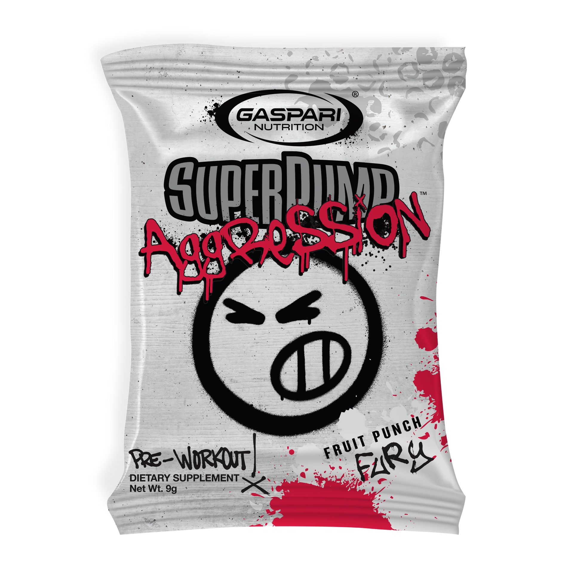 Close-up of a SuperPump Aggression sample sachet from Gaspari Nutrition in Fruit Punch Fury flavor, showcasing bold branding and a cheeky graphic design on the package.