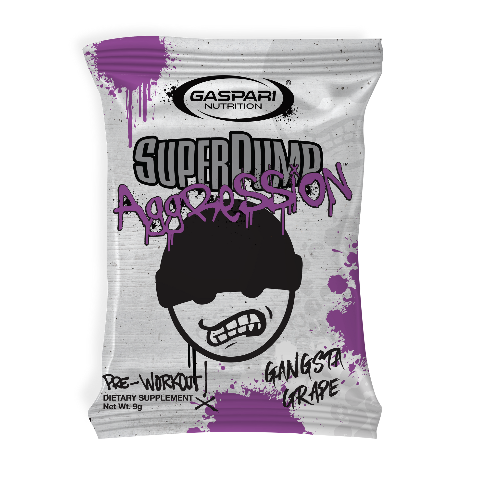 Close-up of a SuperPump Aggression sample sachet labeled Gangsta Grape, featuring a playful graphic character and graffiti-style text from Gaspari Nutrition.