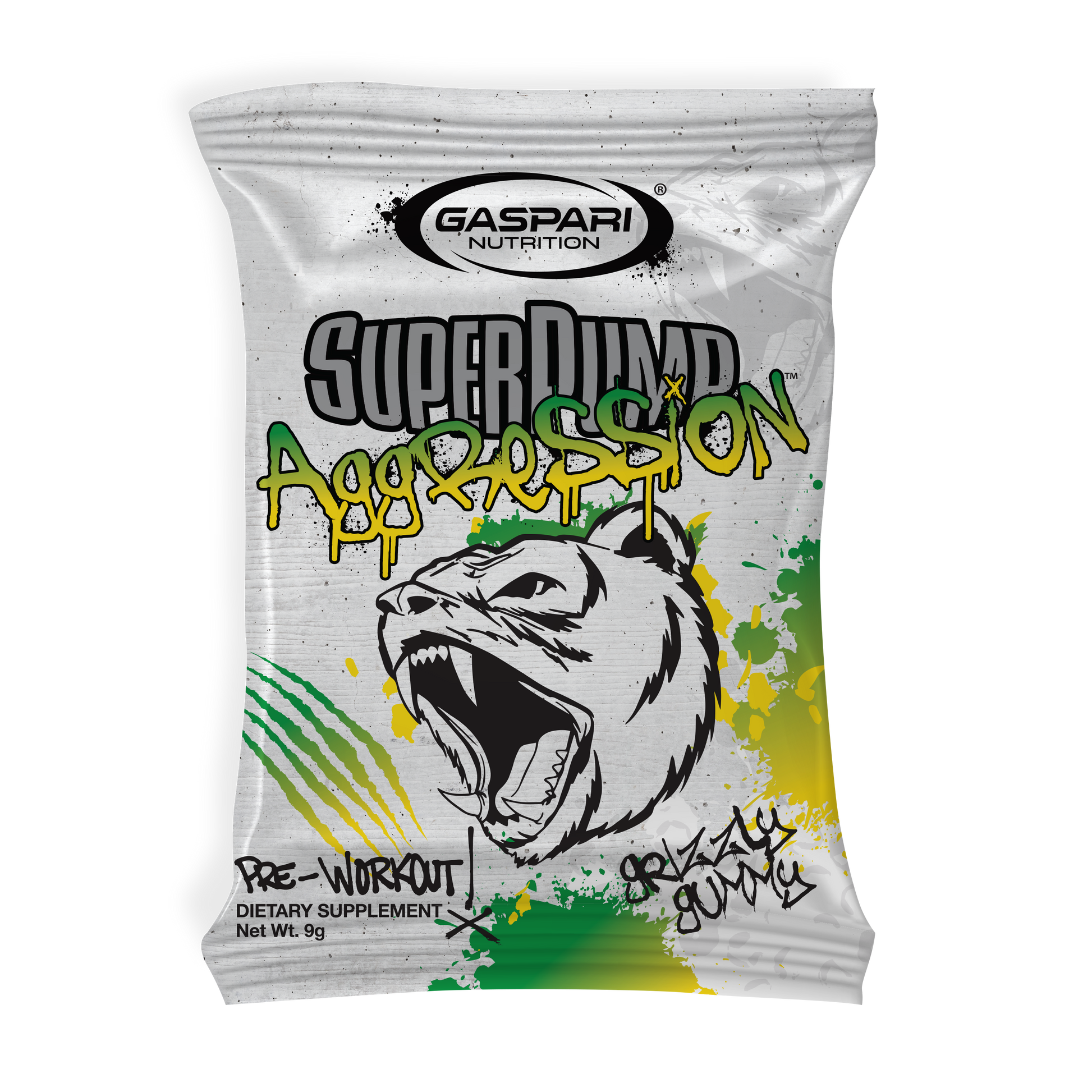 SuperPump Aggression sample sachet with an illustration of a roaring bear labeled Grizzly Gummy, showcasing vibrant colors and the Gaspari Nutrition logo.