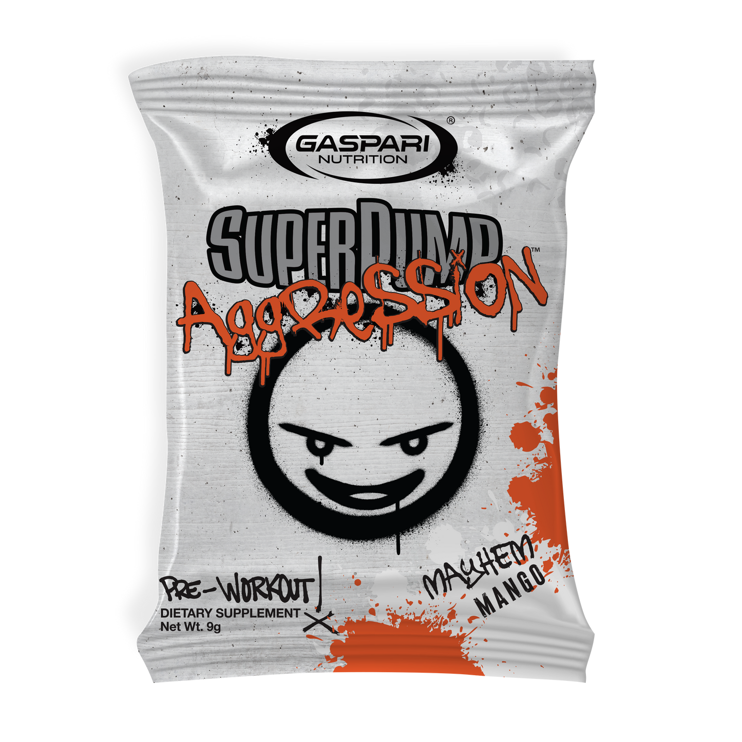 SuperPump Aggression sample sachet in Mayhem Mango flavor, featuring a playful graphic character and colorful design elements from Gaspari Nutrition.