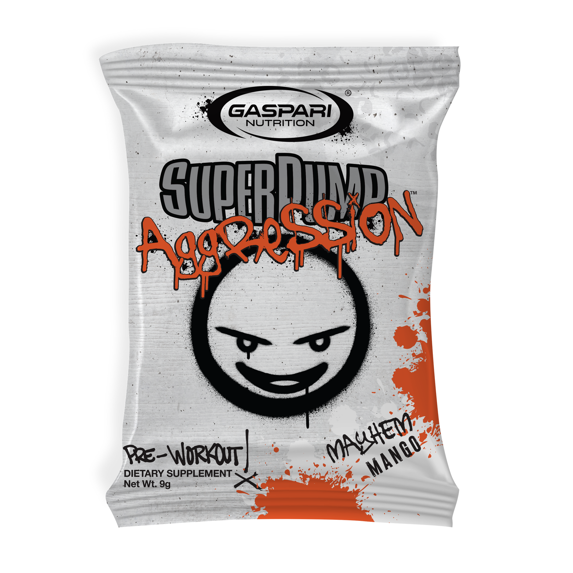 SuperPump Aggression sample sachet in Mayhem Mango flavor, featuring a playful graphic character and colorful design elements from Gaspari Nutrition.