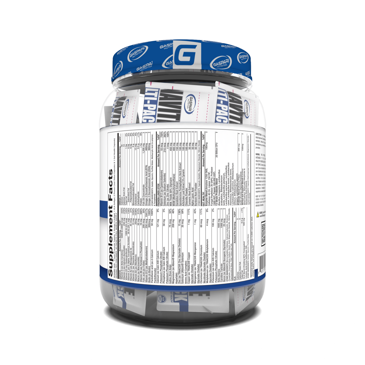Back view of Anavite Multi-Pack from Gaspari Nutrition, displaying the supplement facts and features of this performance multivitamin.
