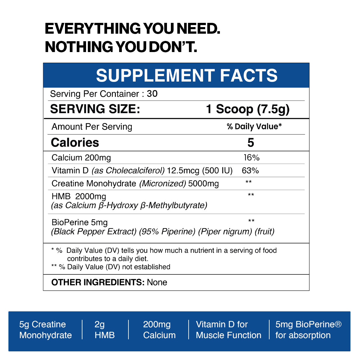 Supplement facts label with serving size, calories, for gaspari nutrition creatine HMB supplement
