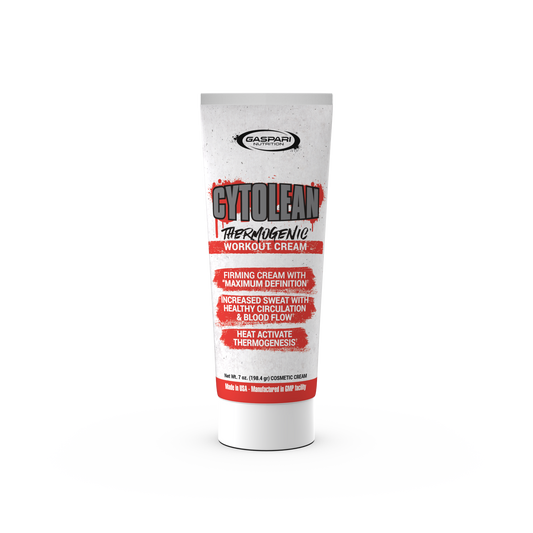 Cytolean Thermogenic Workout Cream tube by Gaspari Nutrition, featuring bold text highlighting its fat-burning and thermogenic properties on a white background.