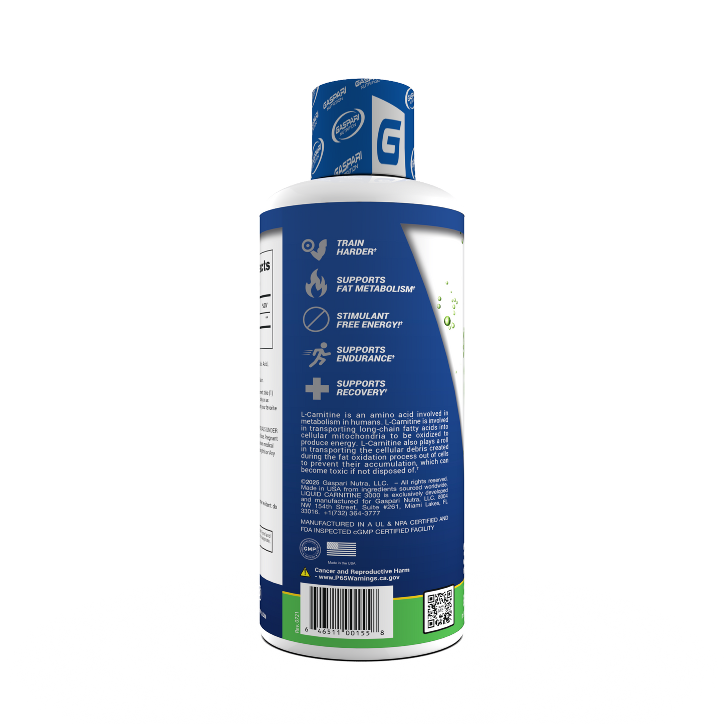 Side view of Liquid Carnitine 3000 in green apple flavor, emphasizing its benefits for fat metabolism and energy.