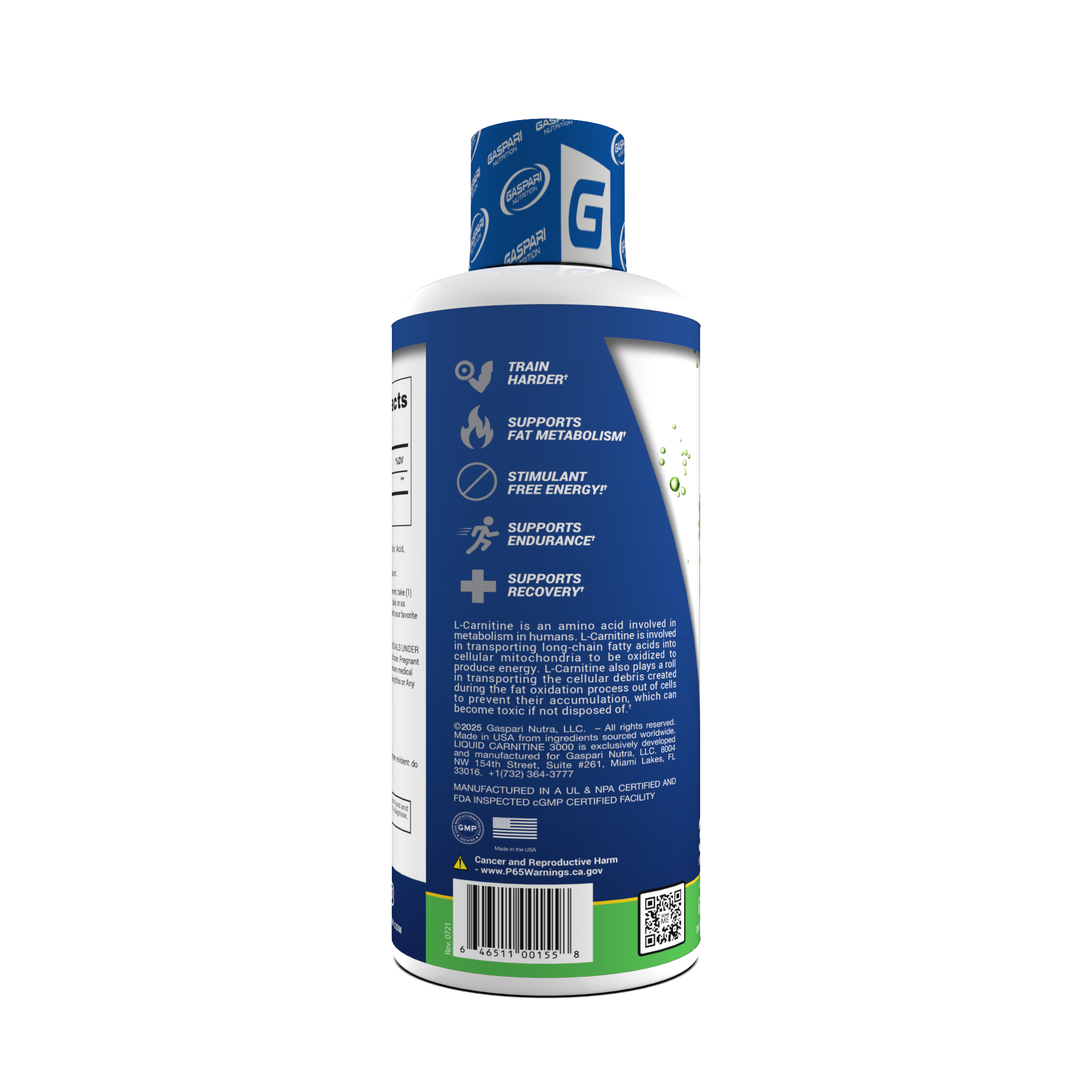 Side view of Liquid Carnitine 3000 in green apple flavor, emphasizing its benefits for fat metabolism and energy.