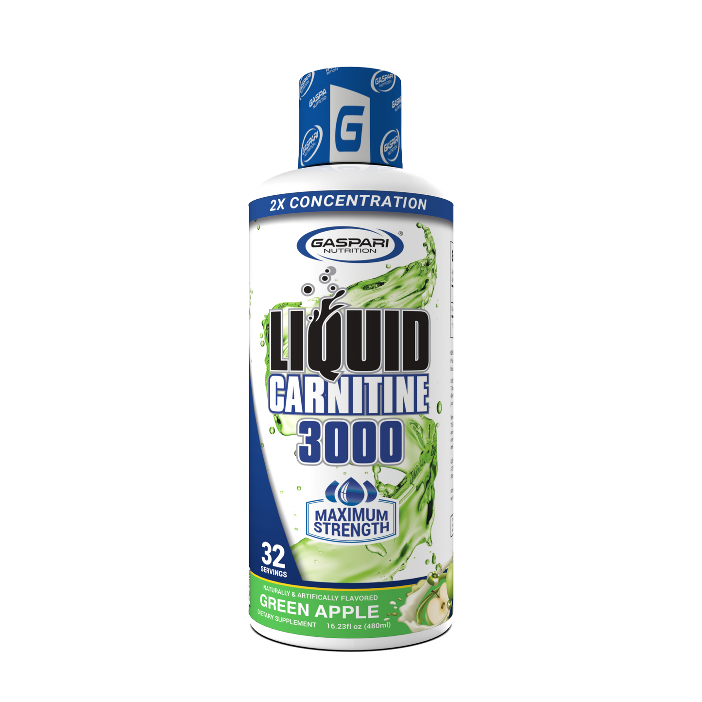 Liquid Carnitine 3000 in green apple flavor by Gaspari Nutrition, designed to enhance metabolic function and workout recovery.