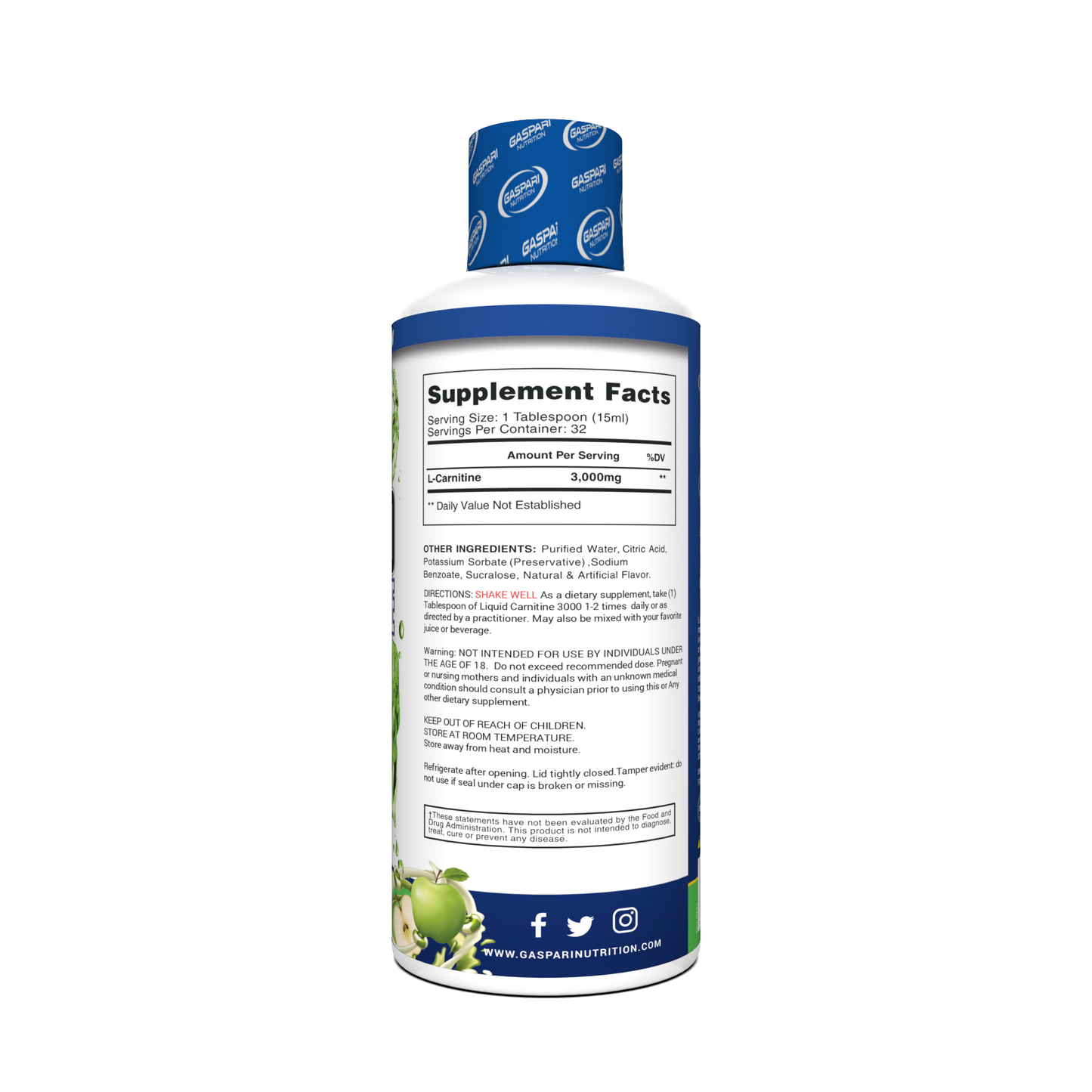 Back label of green apple Liquid Carnitine 3000, featuring serving size, ingredients, and instructions.