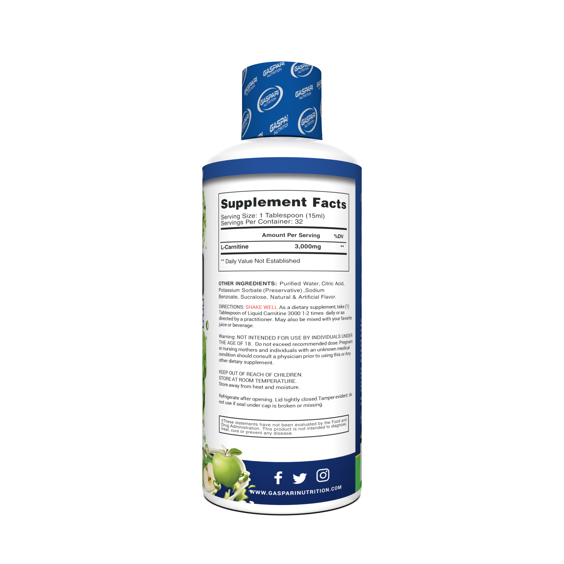 Back label of green apple Liquid Carnitine 3000, featuring serving size, ingredients, and instructions.