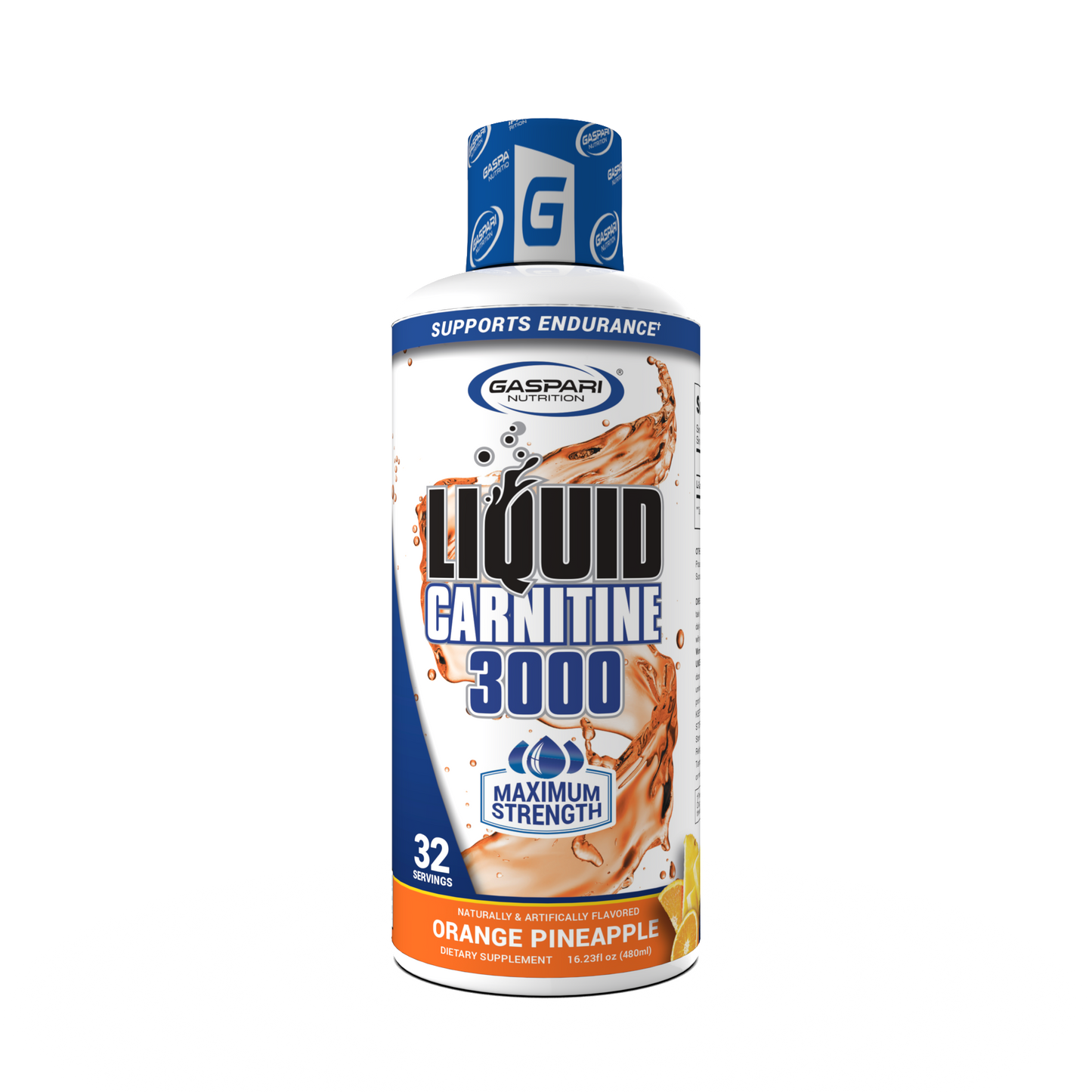 Liquid Carnitine 3000 by Gaspari Nutrition in orange pineapple flavor, promoting metabolism enhancement and energy support.