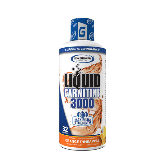 Liquid Carnitine 3000 by Gaspari Nutrition in orange pineapple flavor, promoting metabolism enhancement and energy support.