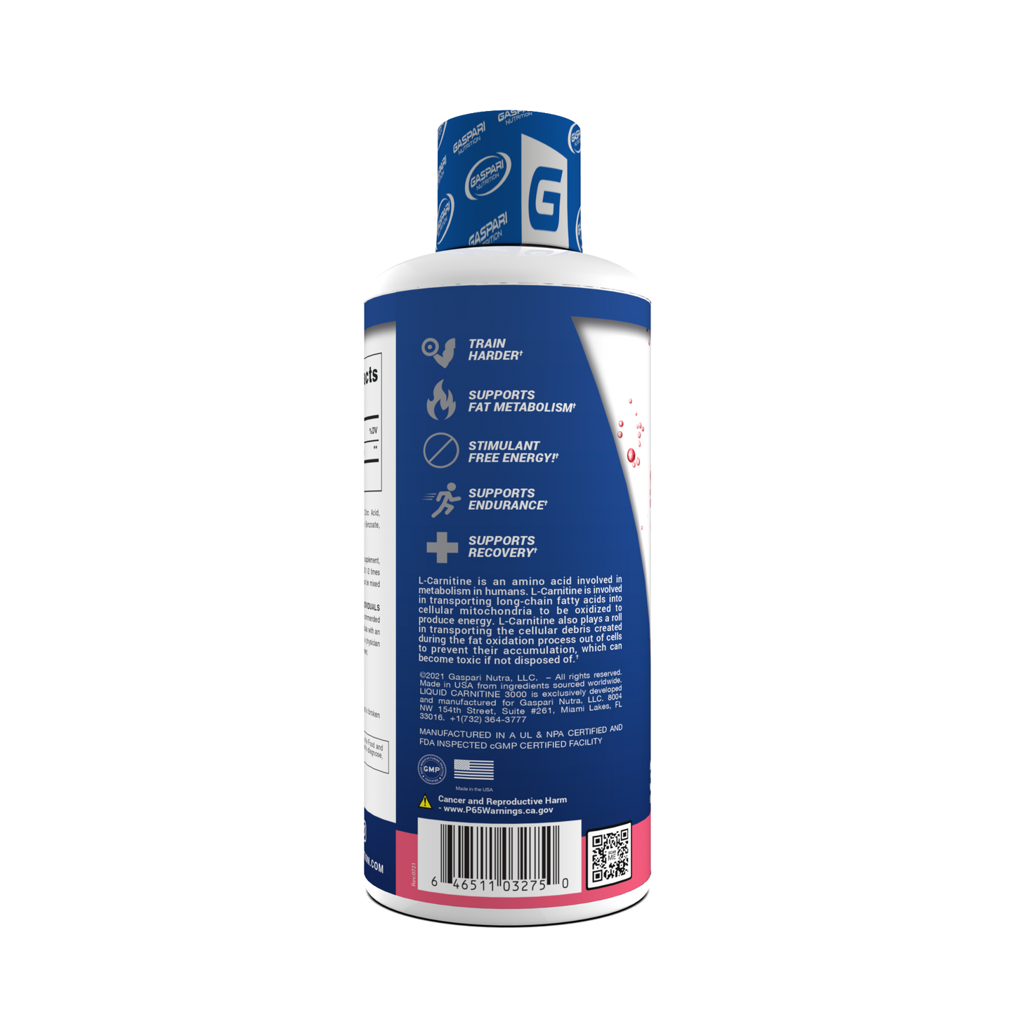 Side view of the sour watermelon flavored Liquid Carnitine 3000, showcasing its formulation for enhanced workout performance.