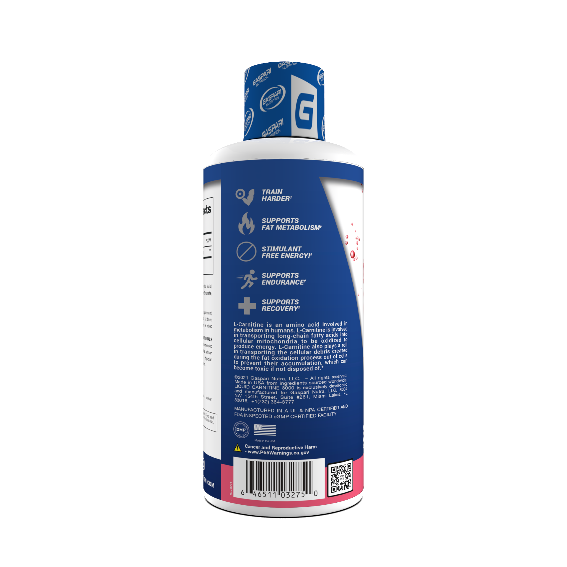 Side view of the sour watermelon flavored Liquid Carnitine 3000, showcasing its formulation for enhanced workout performance.