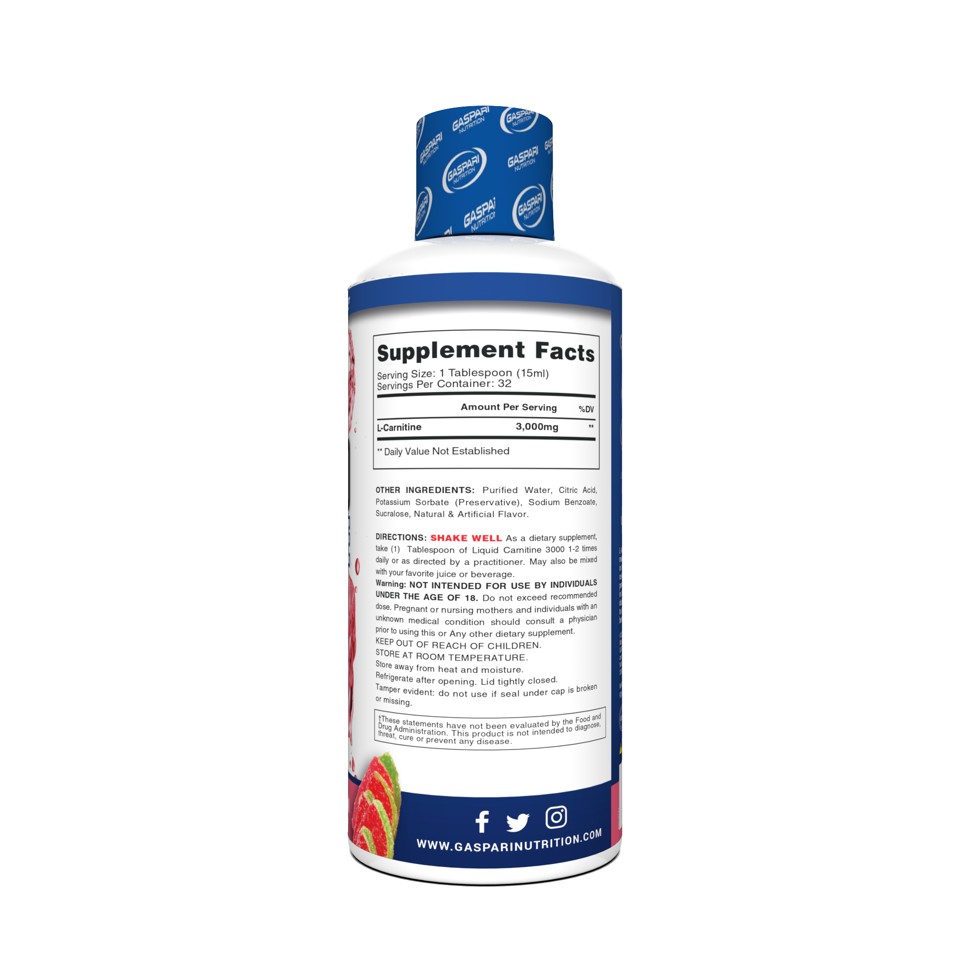 Back view of Liquid Carnitine 3000 by Gaspari Nutrition, showing supplement facts and ingredients for effective metabolism support.