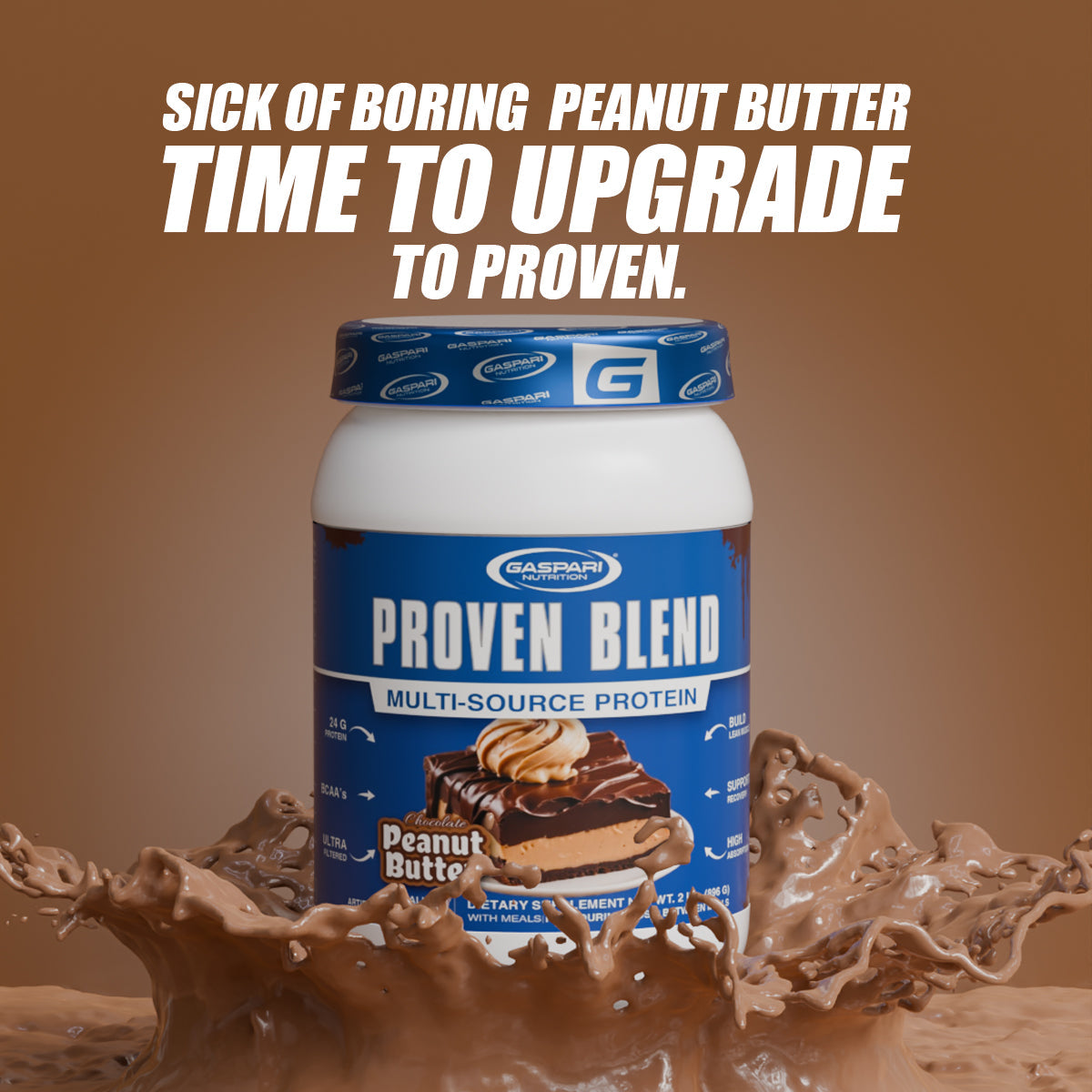 Proven Blend triple protein blend powder advertisement highlighting peanut butter flavor with a splash effect.