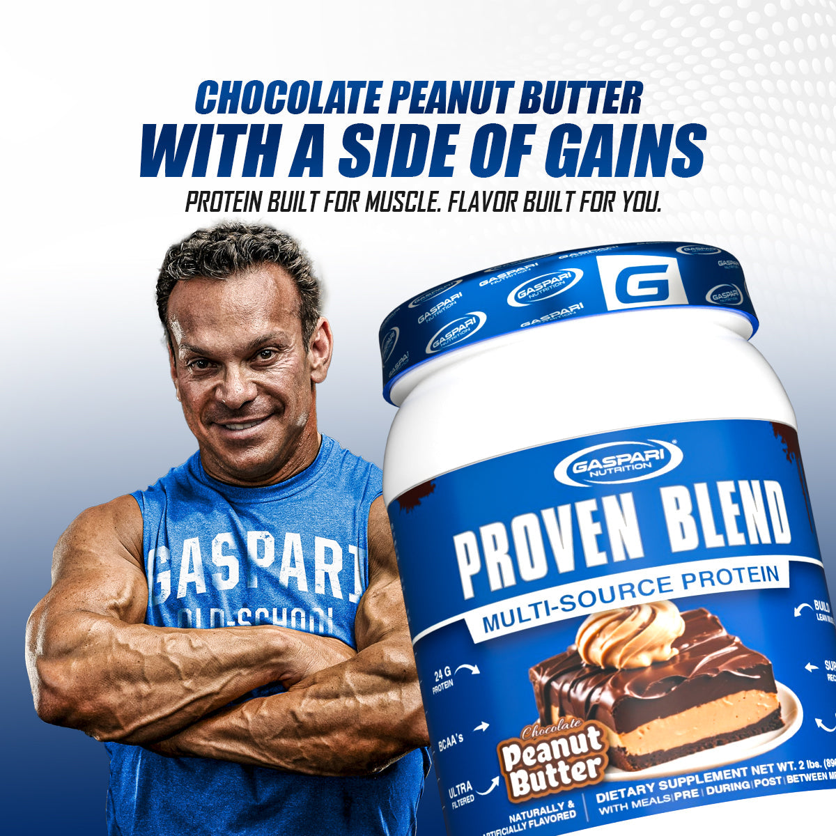 Proven Blend triple protein blend featuring chocolate peanut butter flavor in a dynamic promotional image.