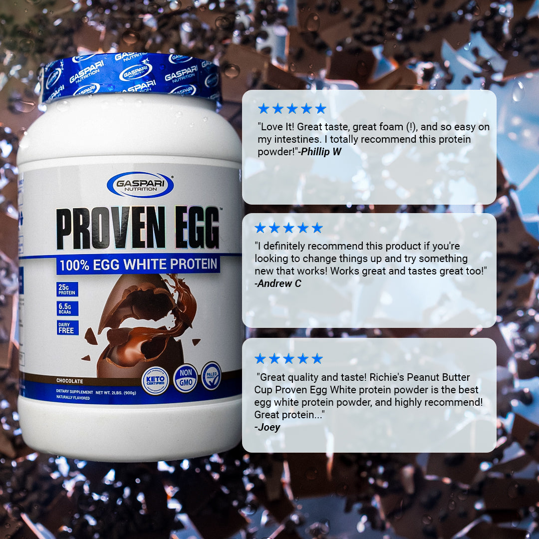 Customer review collage featuring testimonials about Gaspari Nutrition Proven Egg, praising its taste and effectiveness.
