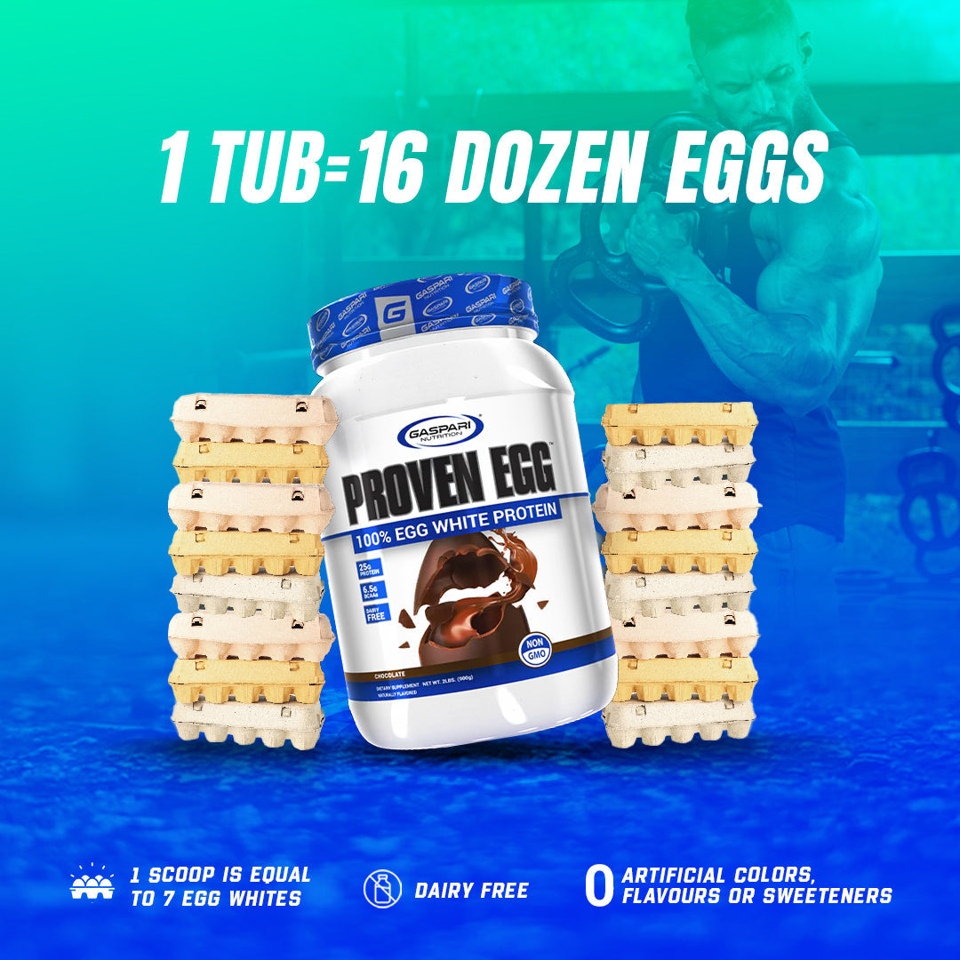 Image showing the Proven Egg container surrounded by egg cartons, emphasizing that one scoop equals 16 dozen eggs.