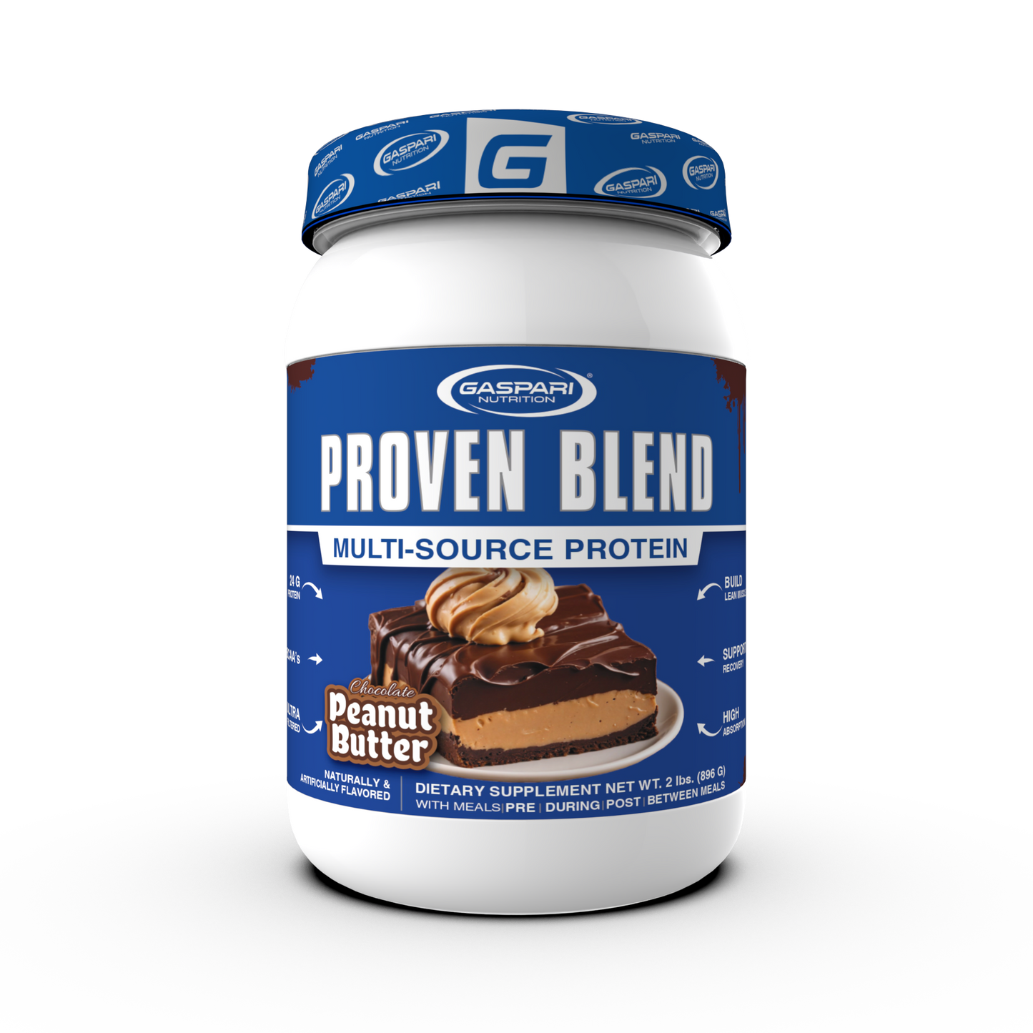 Proven Blend triple protein blend protein powder in peanut butter flavor, offering 24g of protein per serving.