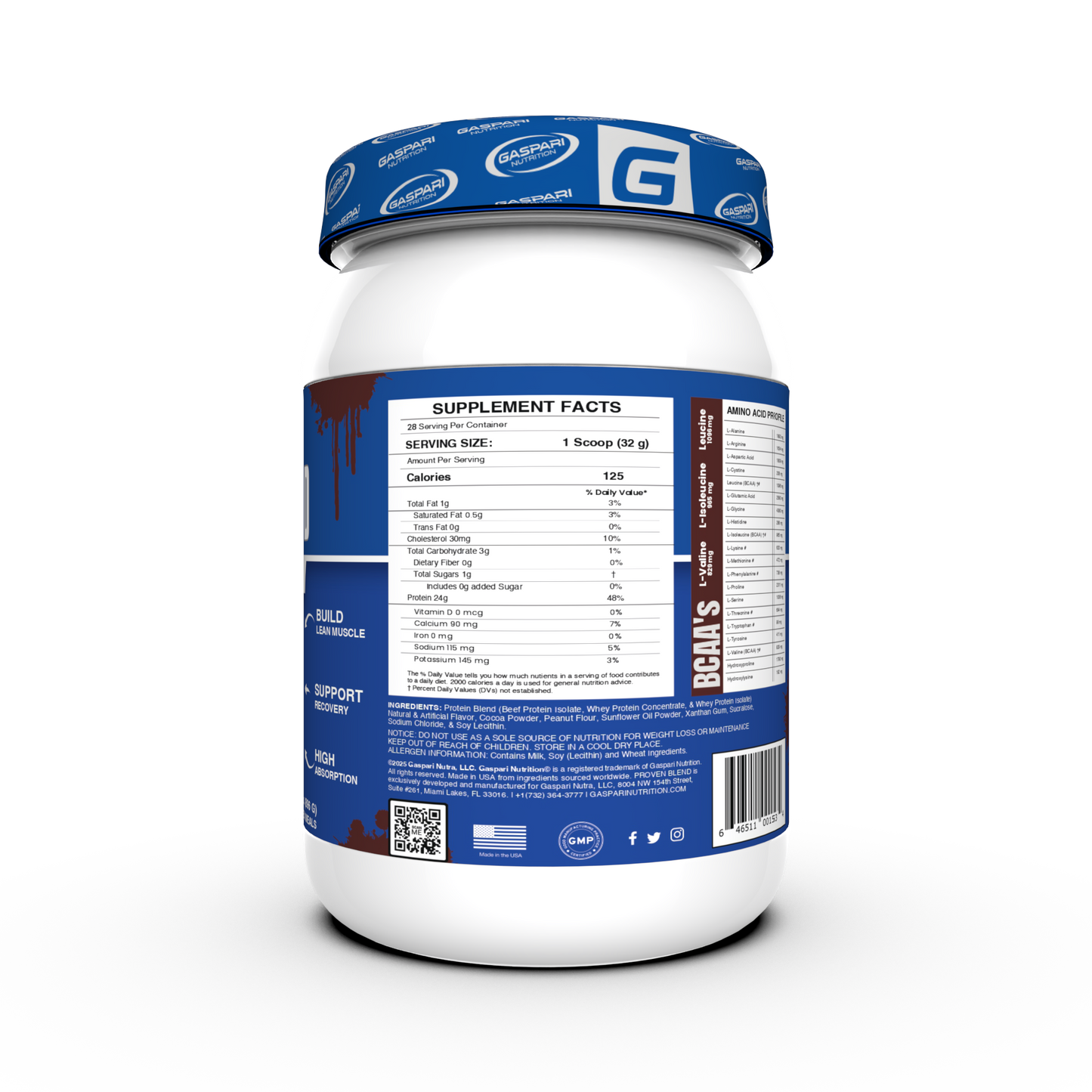 Detailed nutrition label of Proven Blend triple protein blend, showcasing ingredients and serving information.