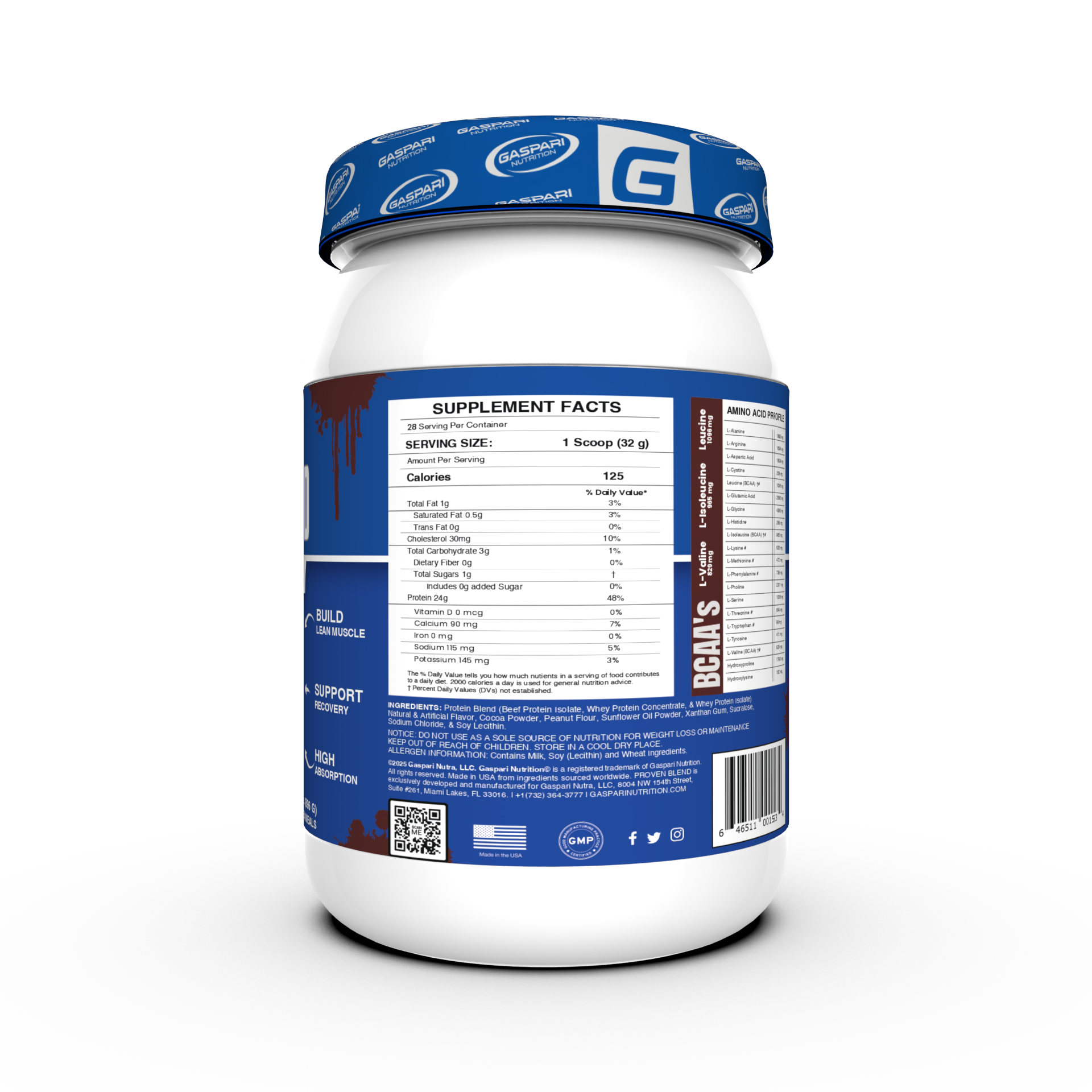 Detailed nutrition label of Proven Blend triple protein blend, showcasing ingredients and serving information.