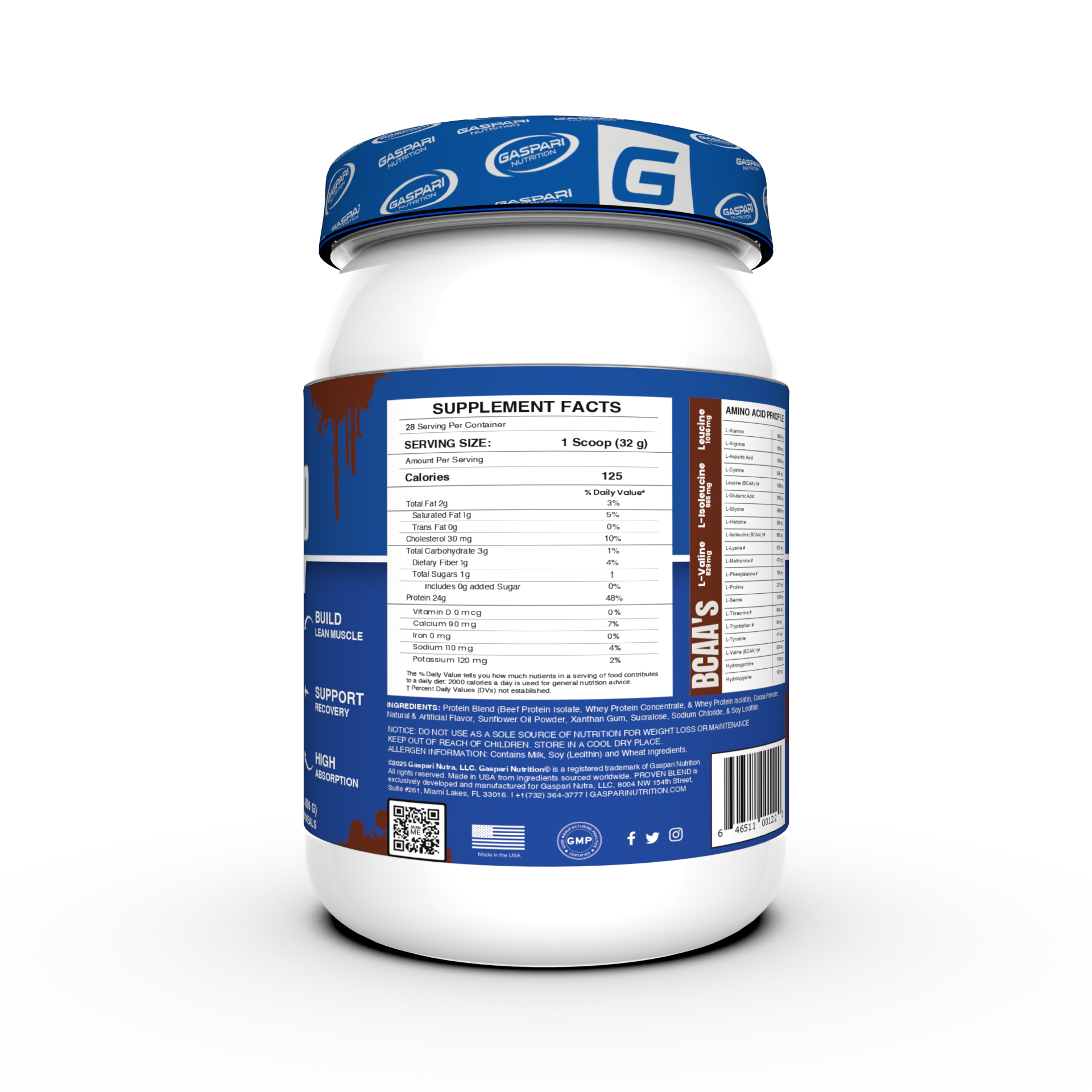 Back of Proven Blend triple protein blend packaging highlighting the supplement facts and benefits.