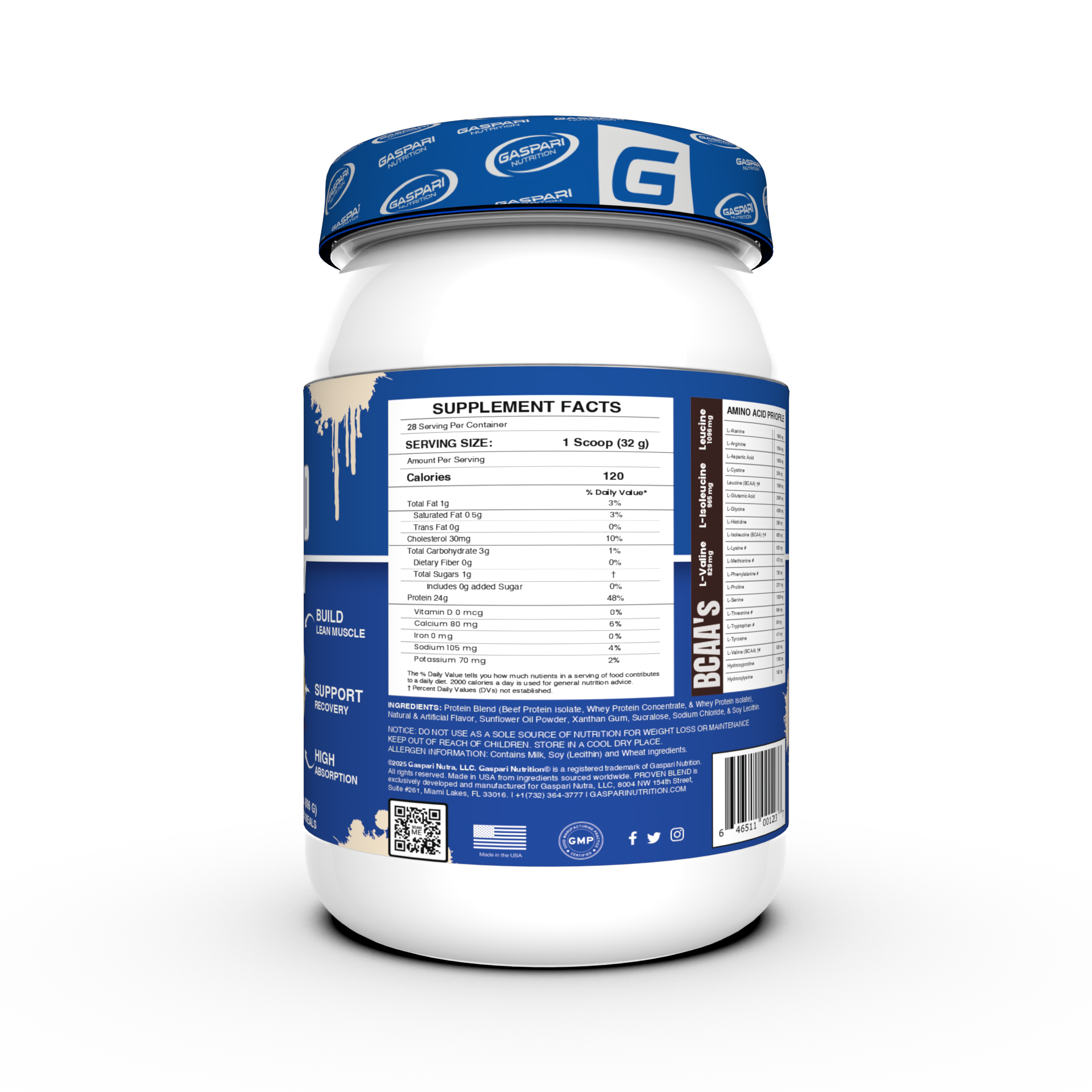 Supplement facts back label of Proven Blend triple protein blend with nutritional information for chocolate flavor.