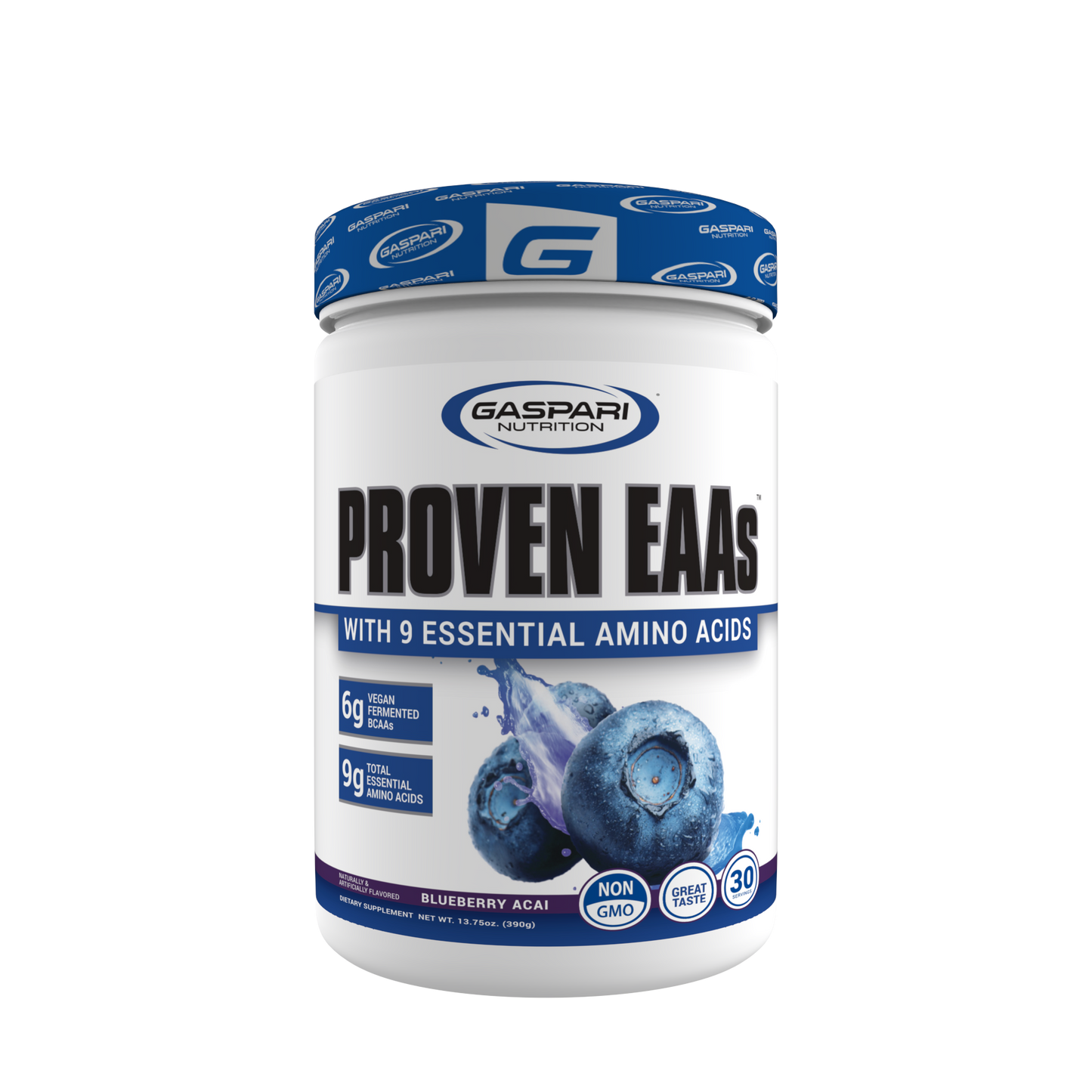 Gaspari Nutrition PROVEN EAAs™ with 9 Essential Amino Acids in Blueberry Acai flavor, displaying important nutritional benefits and supplement info.
