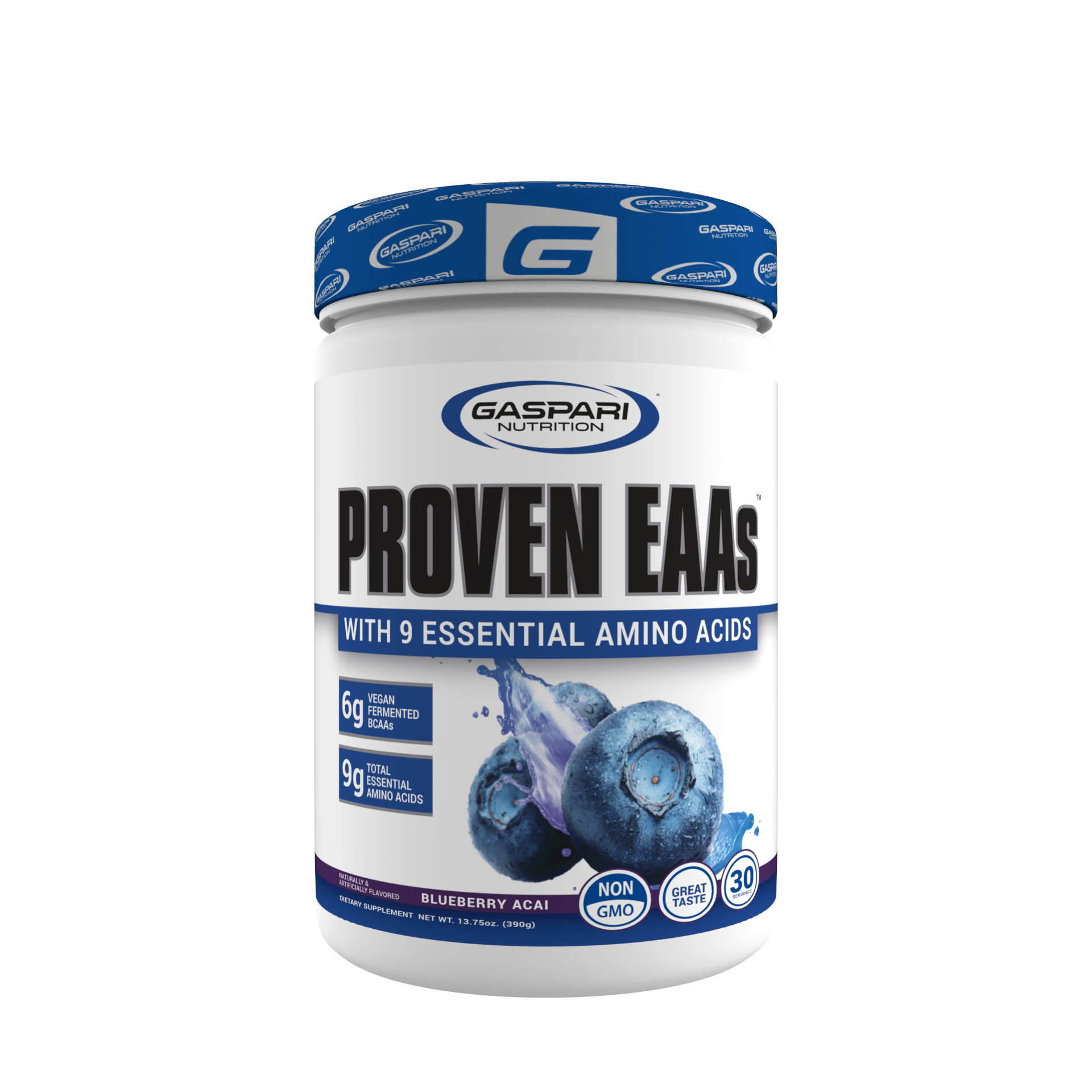 Gaspari Nutrition PROVEN EAAs™ with 9 Essential Amino Acids in Blueberry Acai flavor, displaying important nutritional benefits and supplement info.