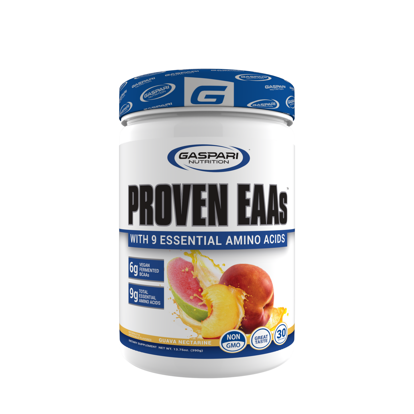 Gaspari Nutrition PROVEN EAAs™ with 9 Essential Amino Acids in Guava Nectarine flavor, highlighting the vegan formulation and amino acid content.