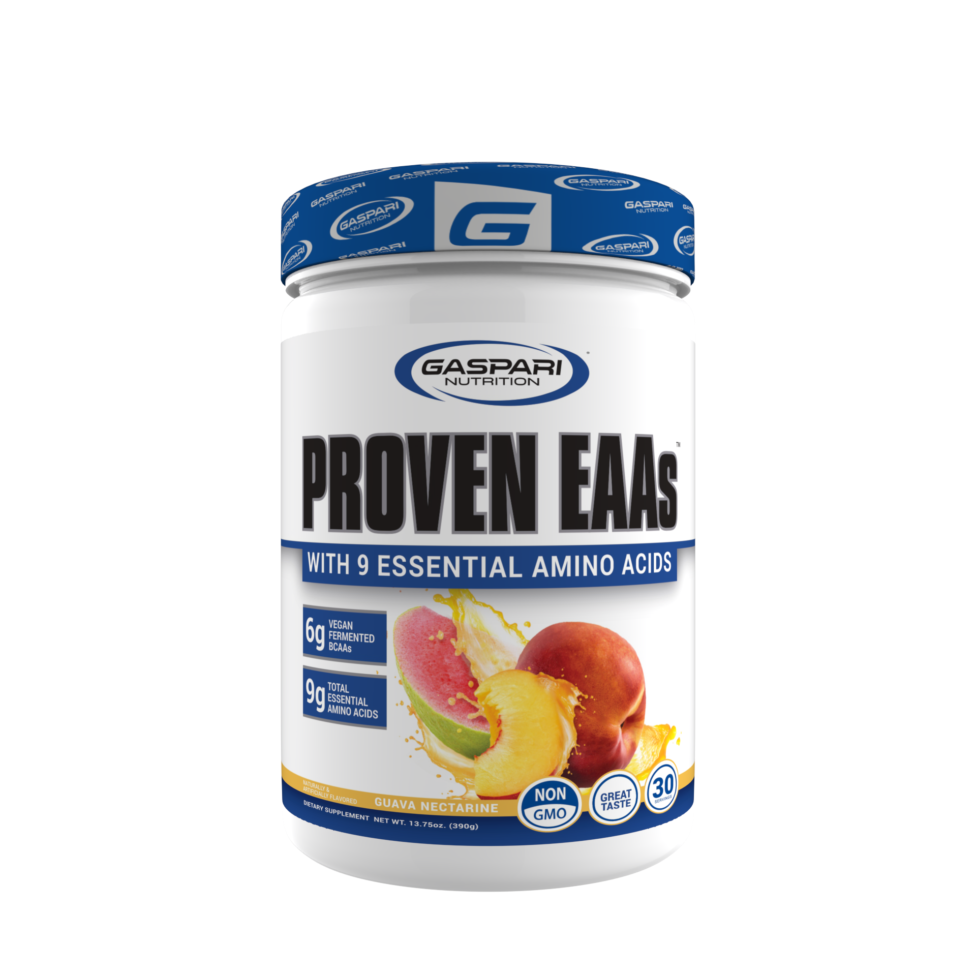 Gaspari Nutrition PROVEN EAAs™ with 9 Essential Amino Acids in Guava Nectarine flavor, highlighting the vegan formulation and amino acid content.