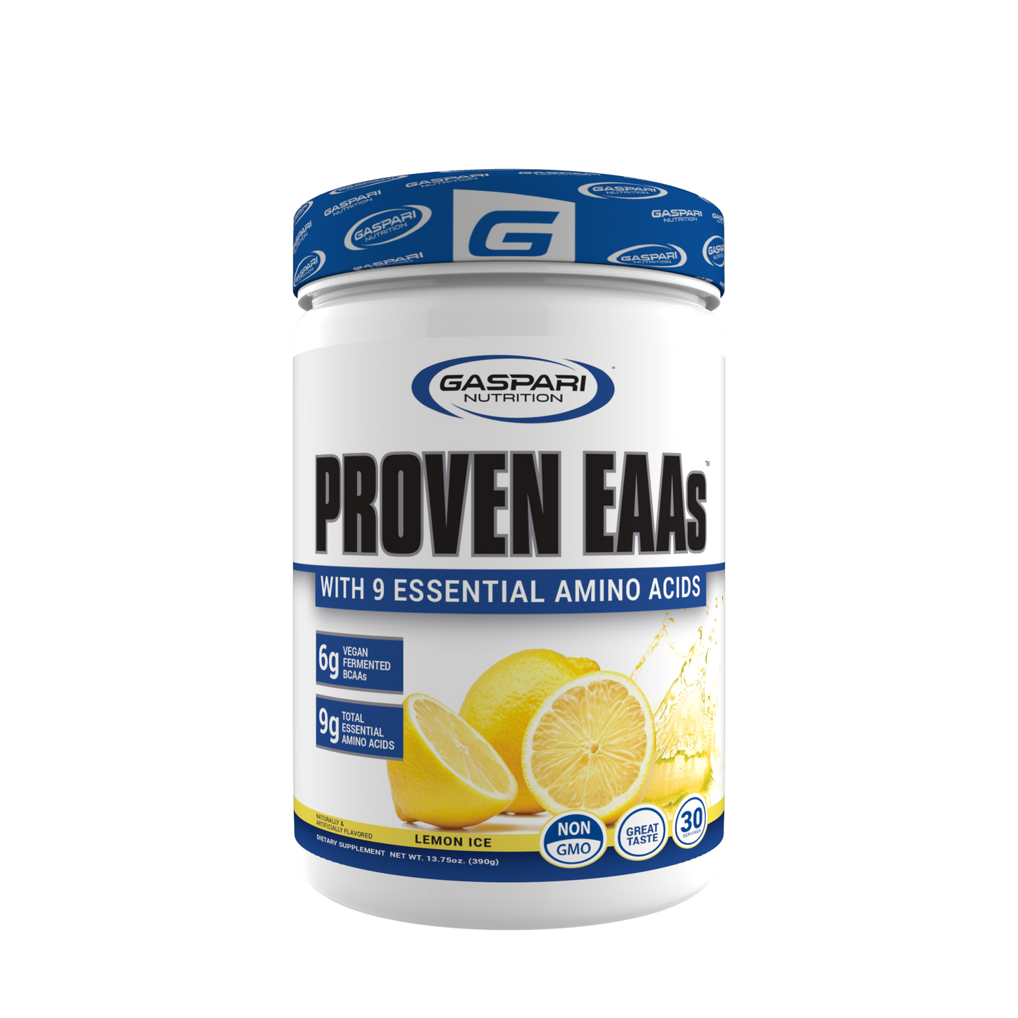Gaspari Nutrition PROVEN EAAs™ with 9 Essential Amino Acids in Lemon Ice flavor, featuring 6g vegan fermented BCAAs and 9g total amino acids.