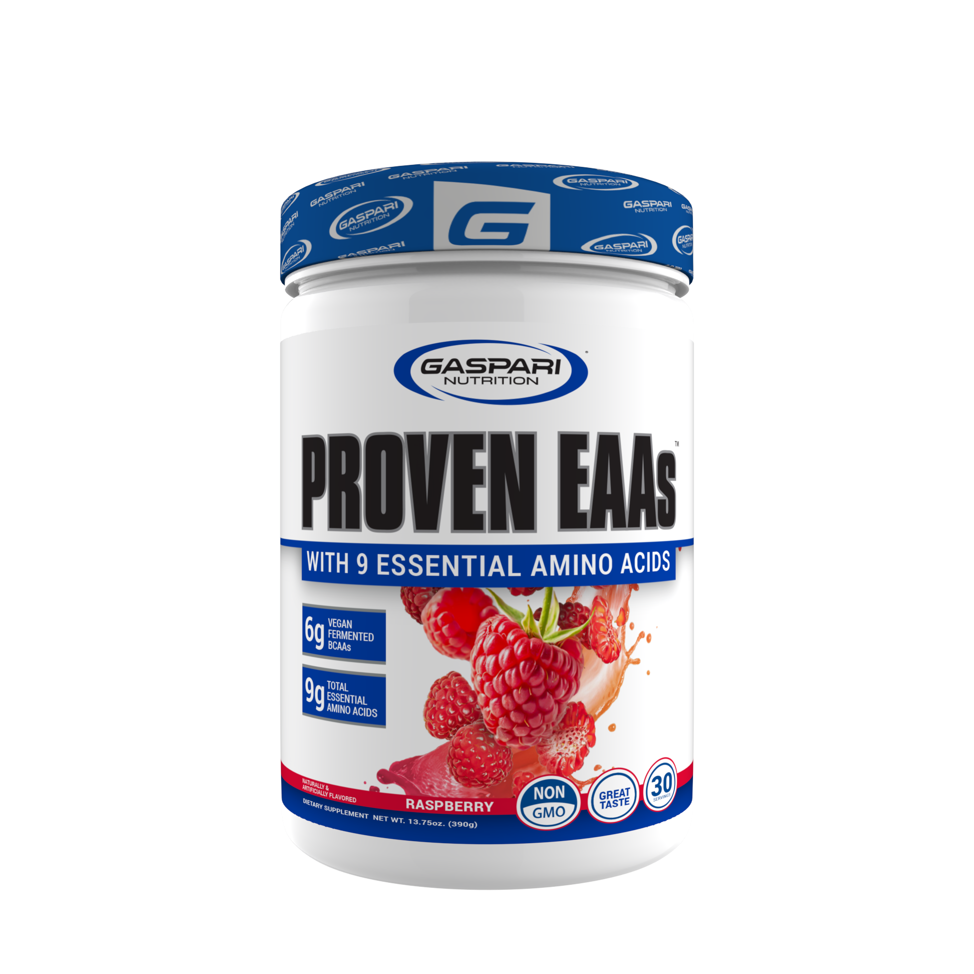 Gaspari Nutrition PROVEN EAAs™ with 9 Essential Amino Acids in Raspberry flavor, featuring a focus on muscle support and great taste.