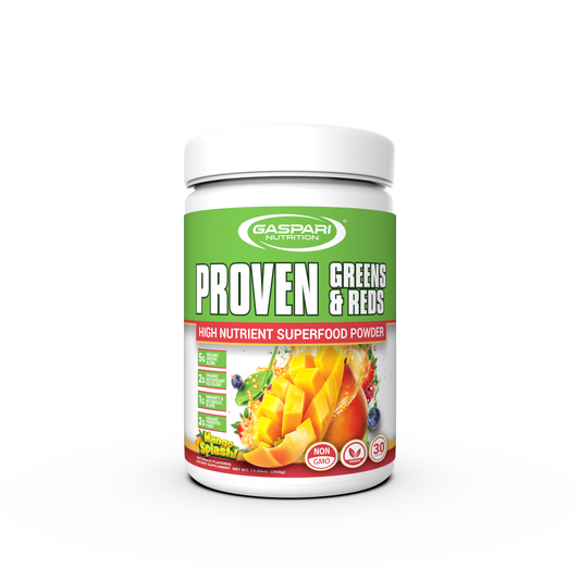Gaspari Nutrition Proven Greens & Reds superfood powder in Mango Splash flavor, packed with nutrients for natural energy and immune support.