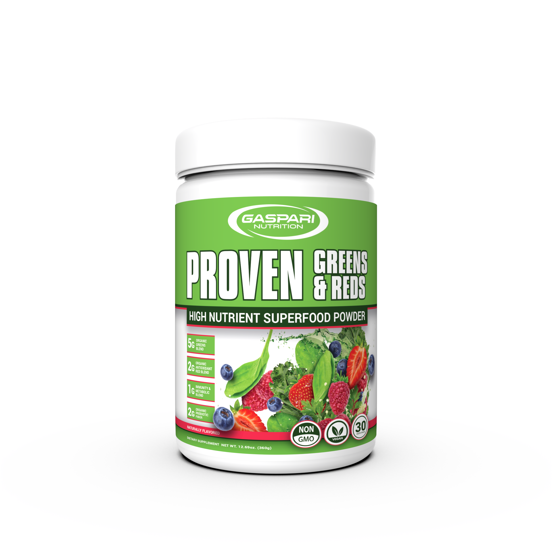 Gaspari Nutrition Proven Greens & Reds superfood powder in mixed berry flavor, promoting health with organic ingredients and probiotics.