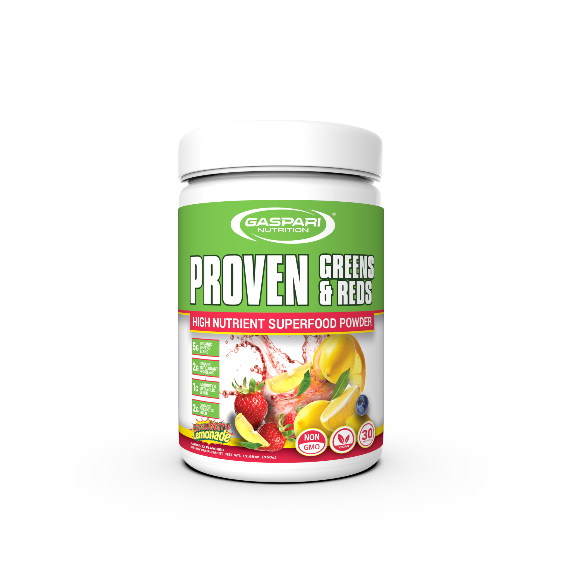 Gaspari Nutrition Proven Greens & Reds superfood powder jar in strawberry lemonade flavor, emphasizing its health benefits and nutrient content.
