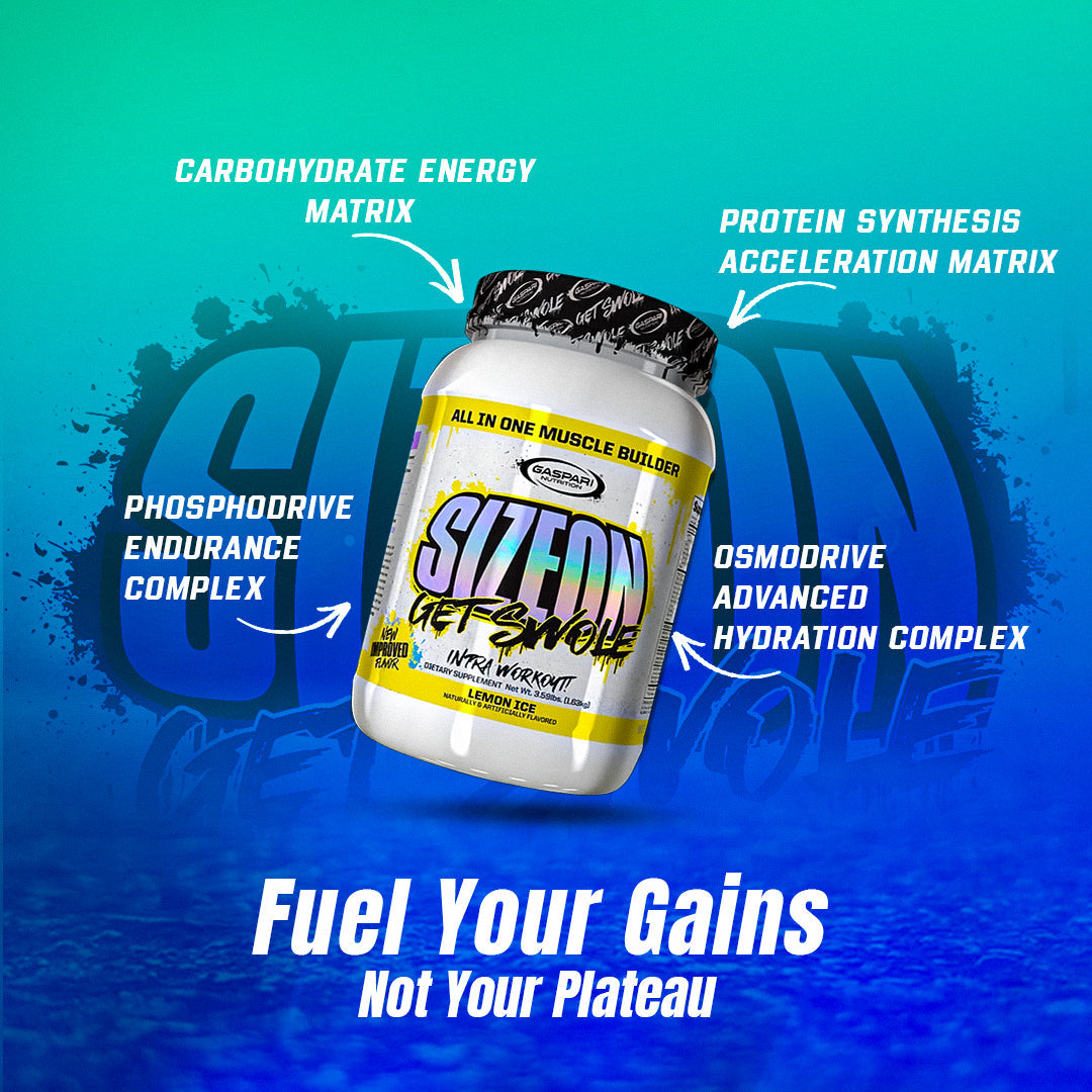 Promotional graphic highlighting key benefits of SizeOn Get Swole, an Intra-Workout muscle builder.