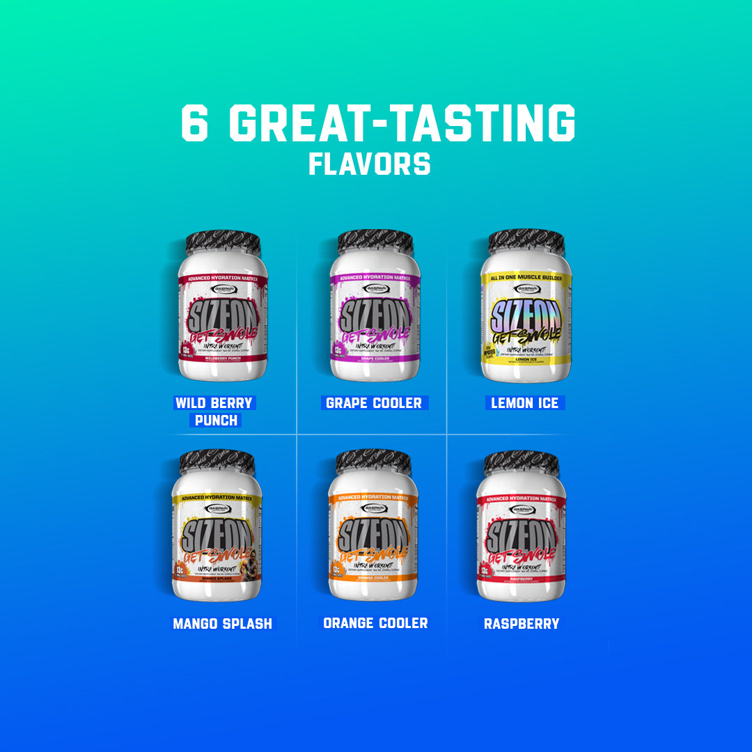 Visual showcasing various flavors of SizeOn Get Swole for Intra-Workout supplementation.