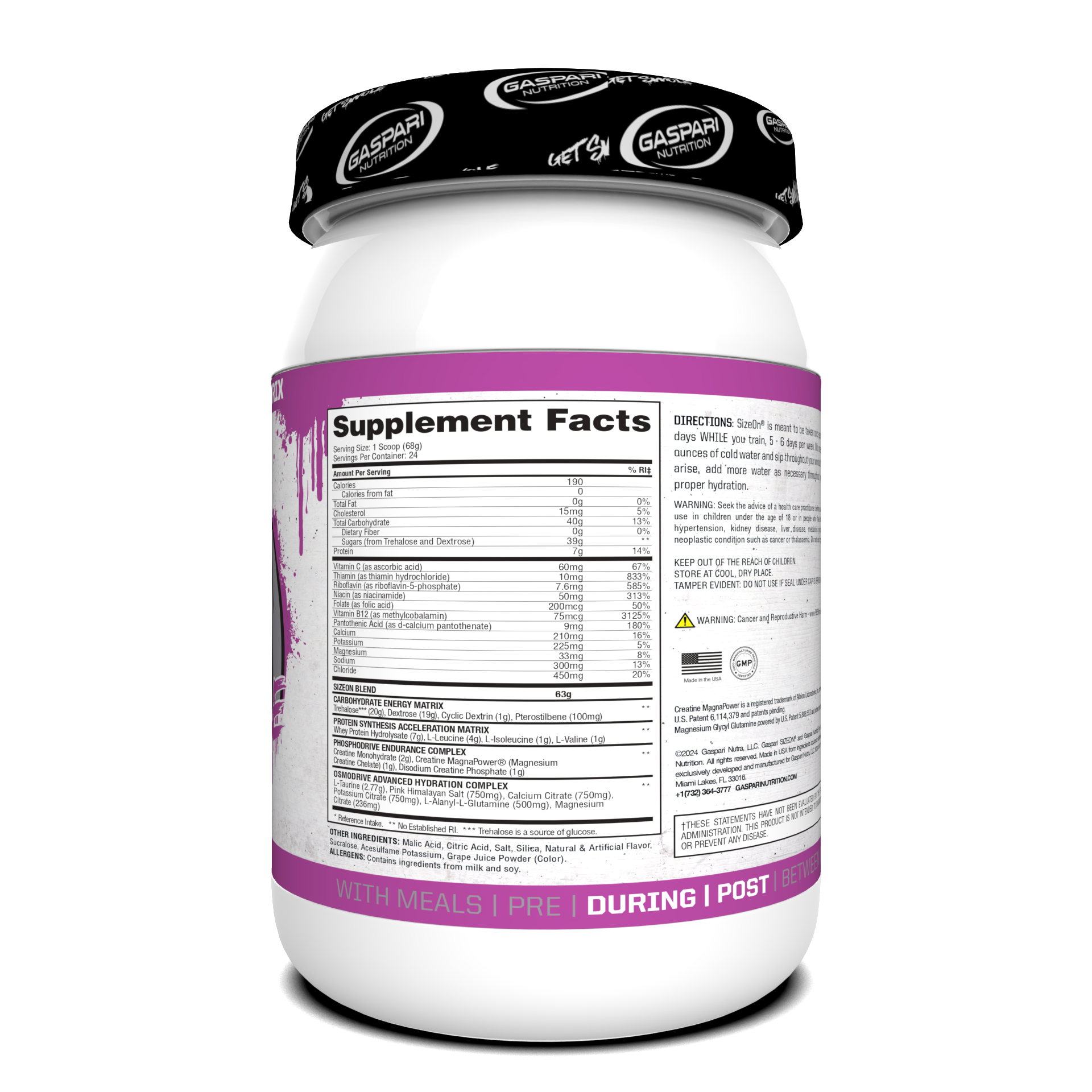 Supplement facts and usage instructions for SizeOn Get Swole Grape Cooler, tailored for Intra-Workout.