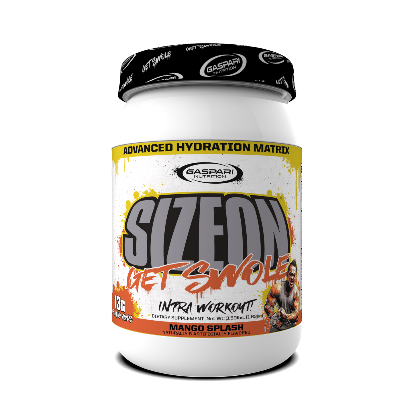 SizeOn Get Swole container featuring the Mango Splash flavor, designed for Intra-Workout hydration.
