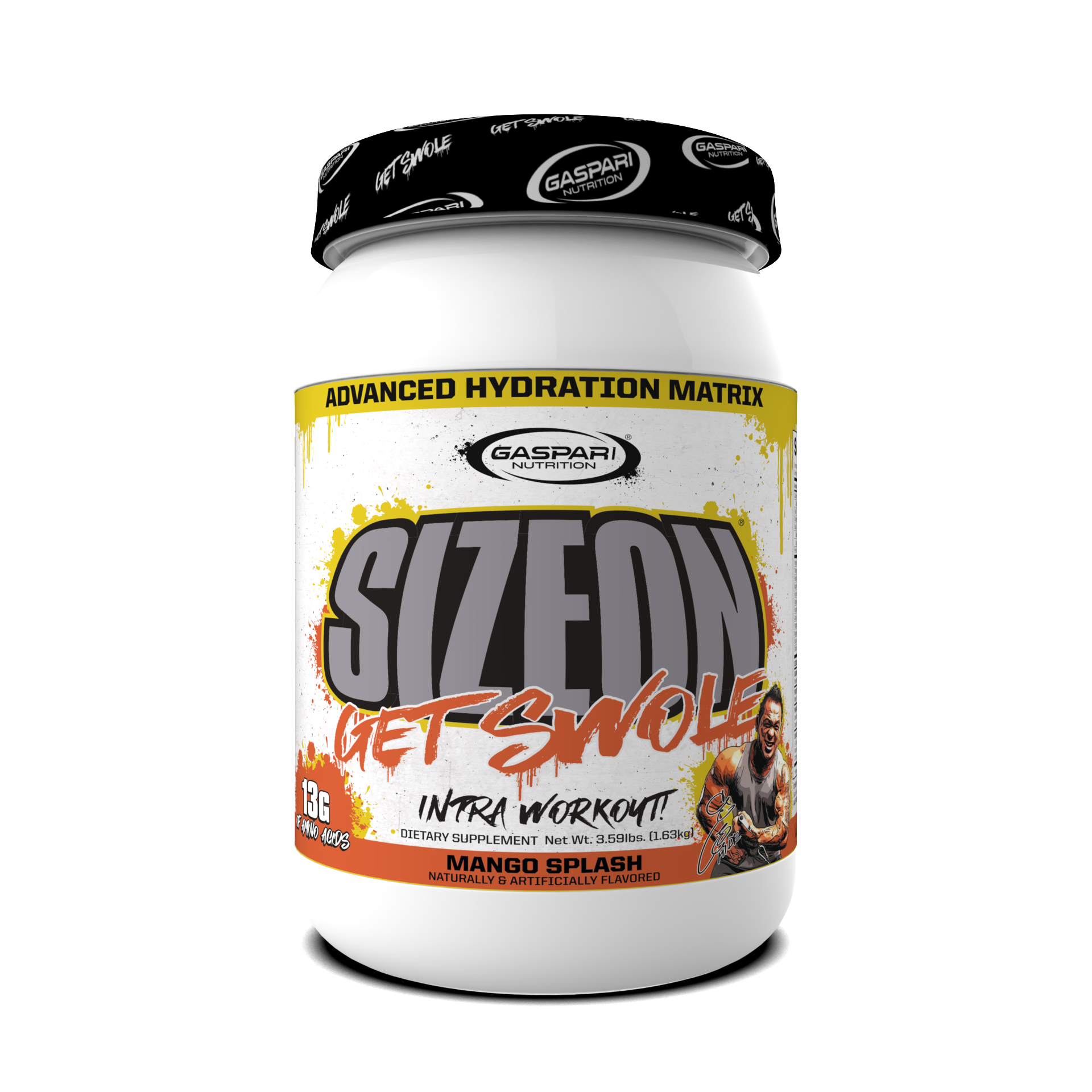 SizeOn Get Swole container featuring the Mango Splash flavor, designed for Intra-Workout hydration.