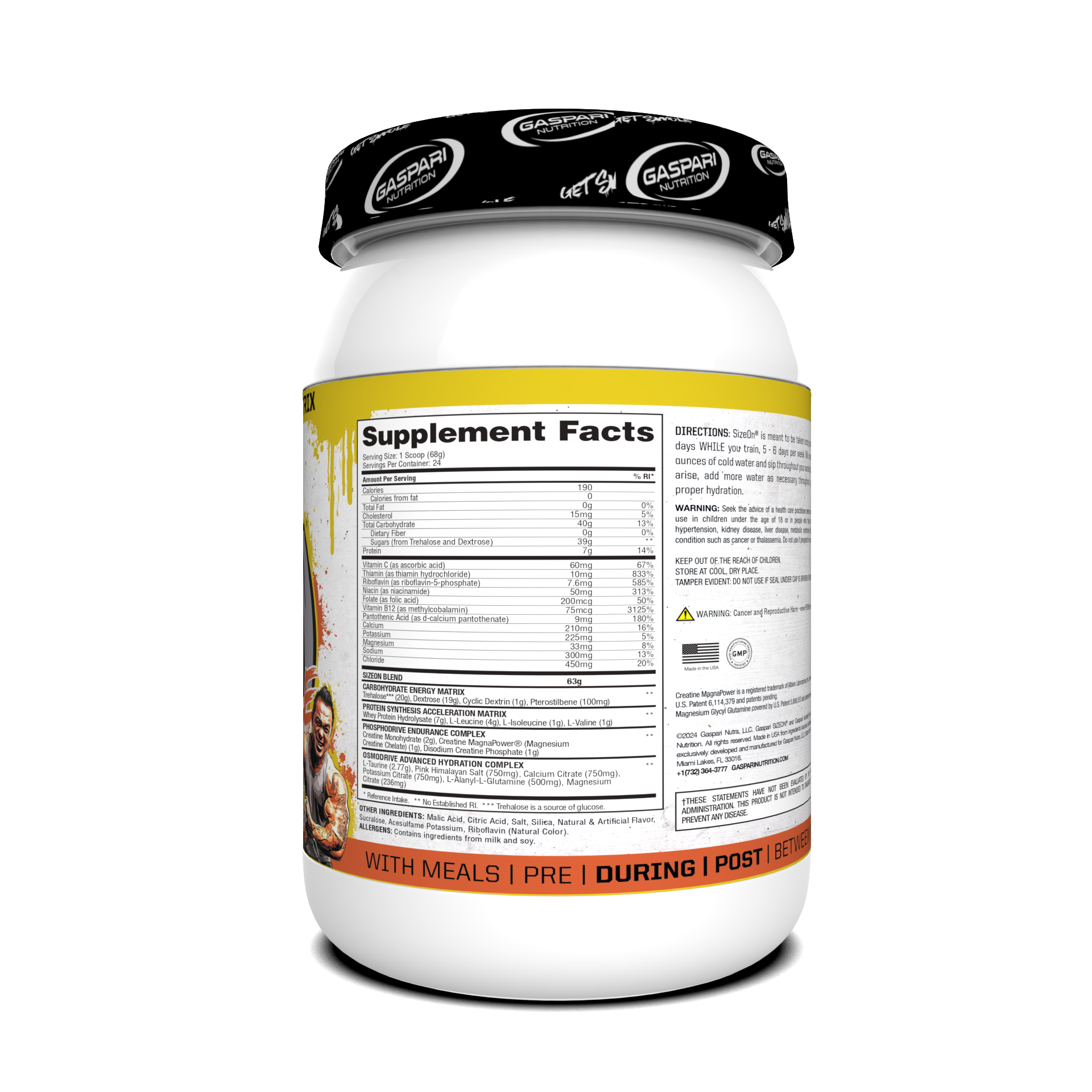 Supplement facts and directions for use on the SizeOn Get Swole Mango Splash container for Intra-Workout.