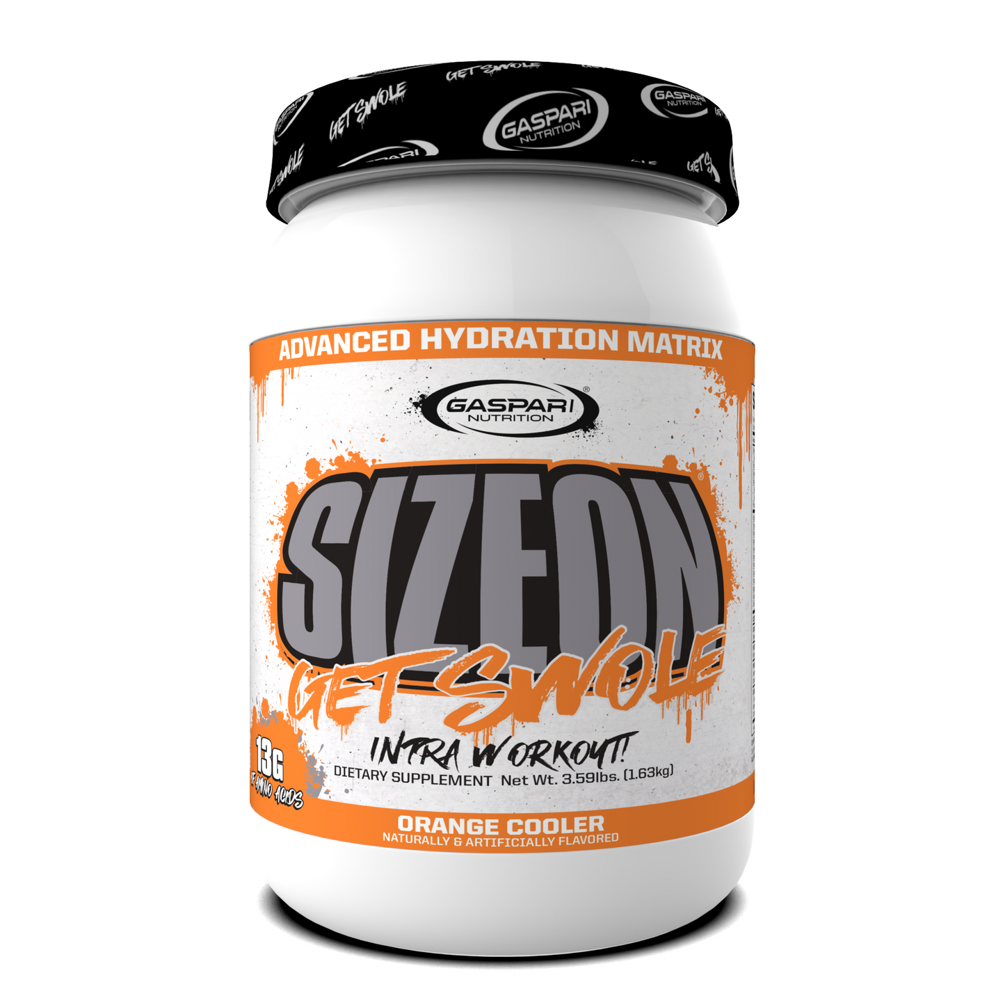 SizeOn Get Swole container in Orange Cooler flavor, providing tasty Intra-Workout hydration.