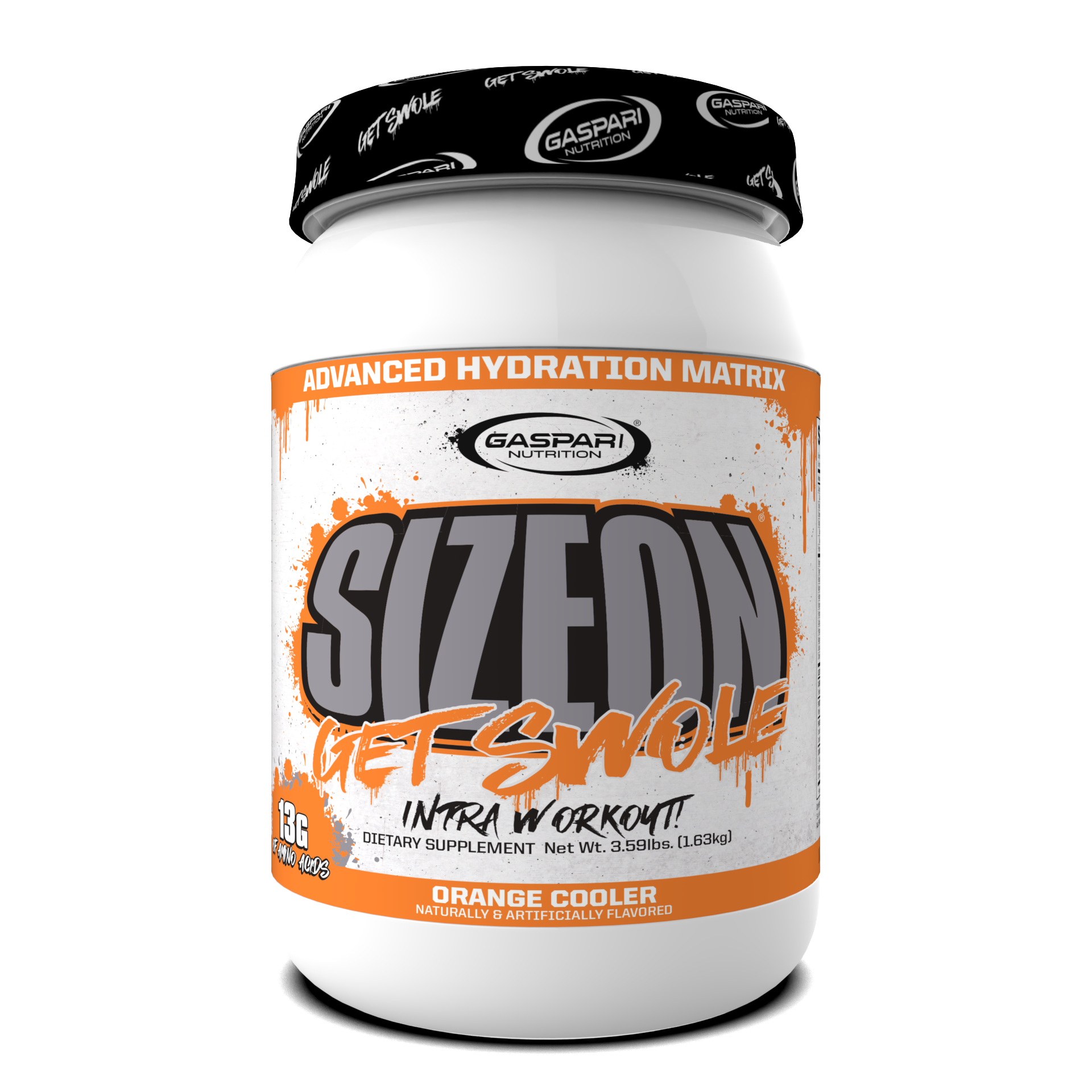 SizeOn Get Swole container in Orange Cooler flavor, providing tasty Intra-Workout hydration.