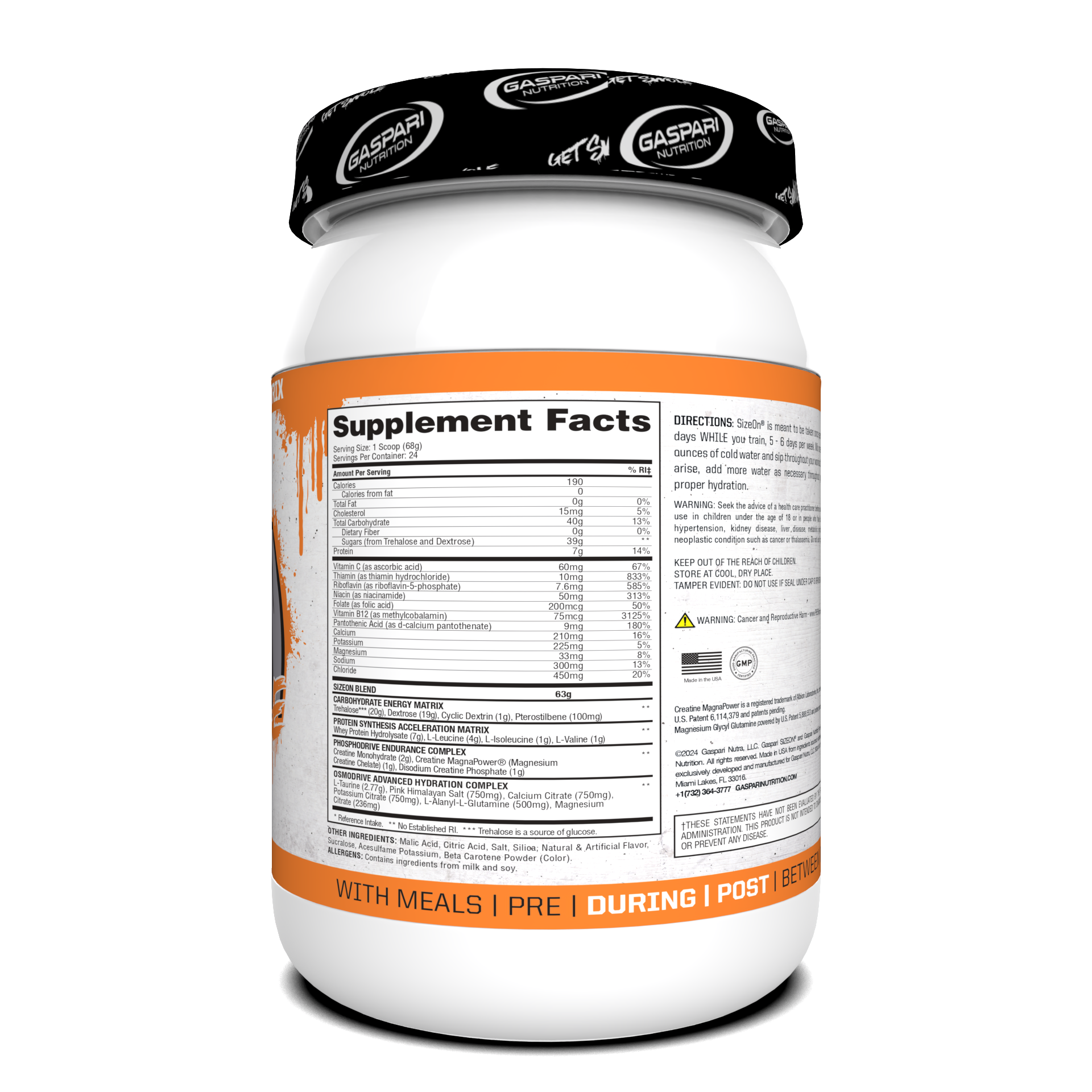 Nutritional information for SizeOn Get Swole Orange Cooler, suited for Intra-Workout recovery.