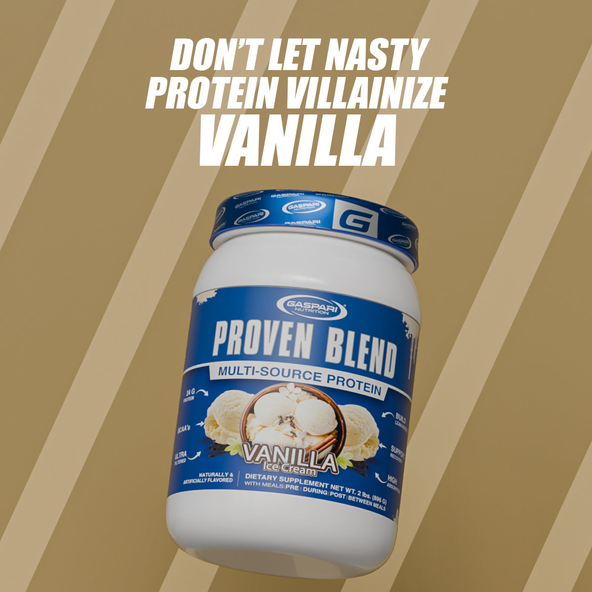 Proven Blend triple protein blend powder with a catchy tagline about vanilla flavor and its effective benefits.